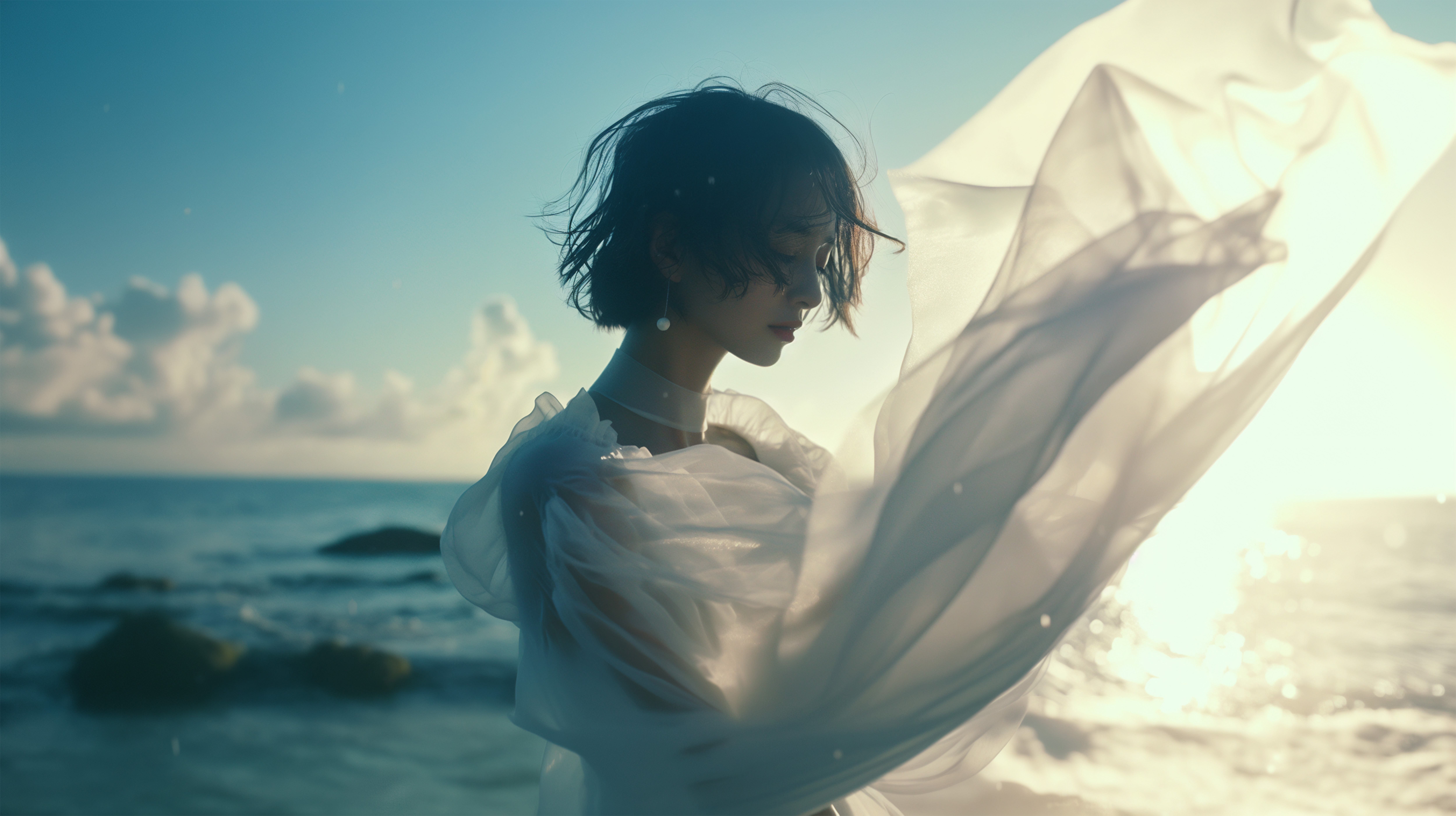 海辺に立つシアードレスを着た女性のポートレート写真風 no.4