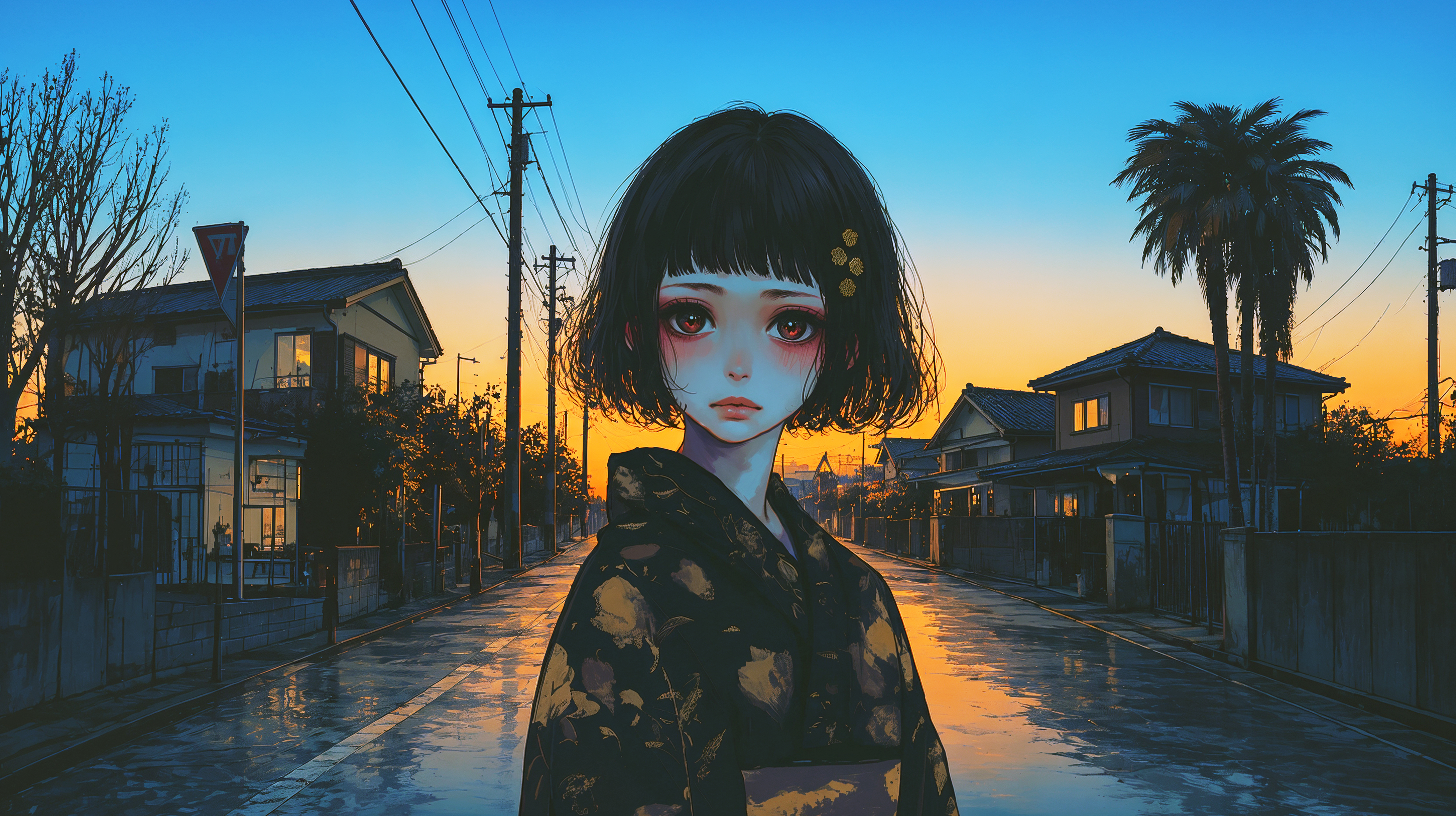 住宅街で浴衣を着て振り返る女性 no.1