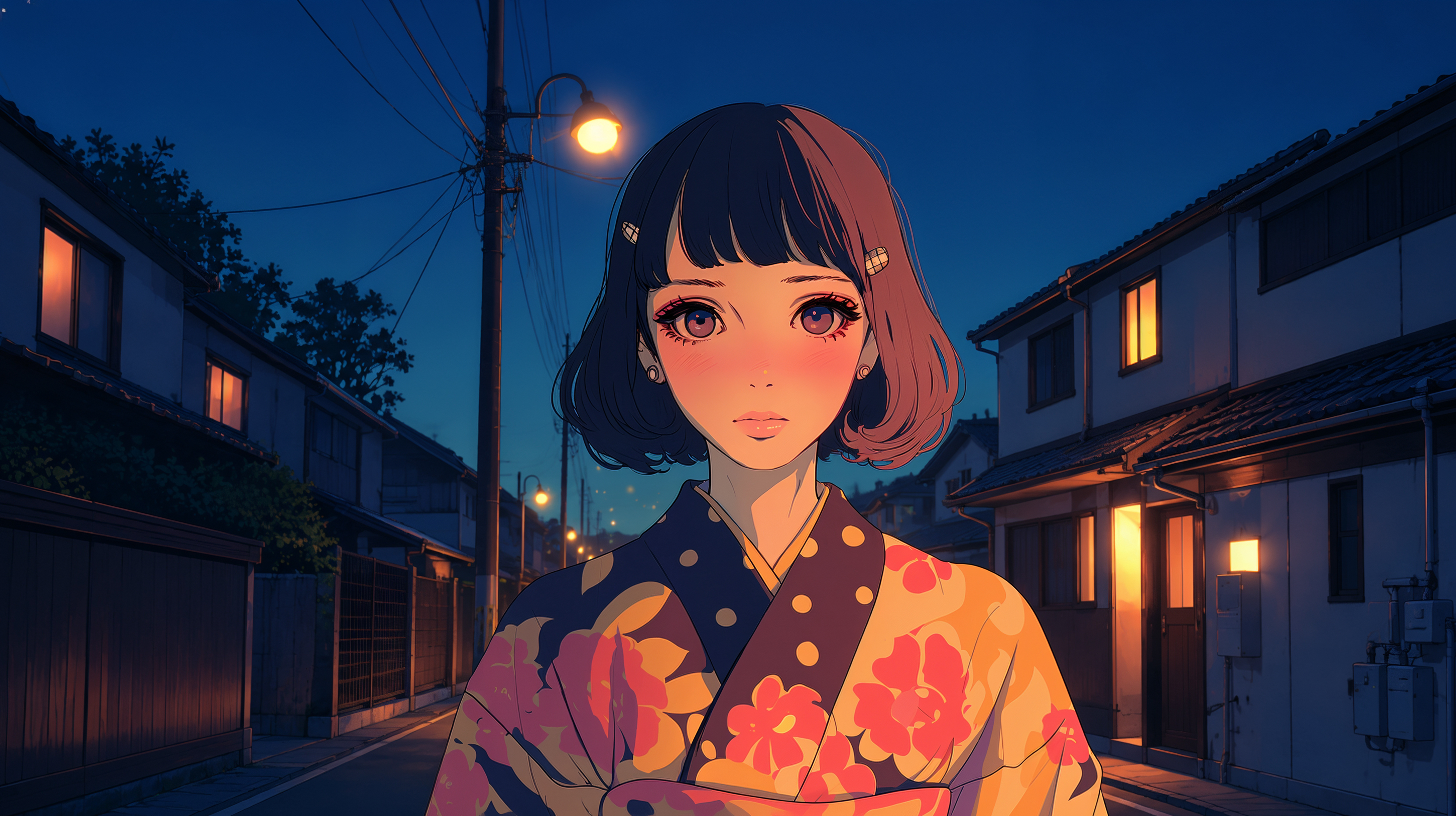 住宅街で浴衣を着て振り返る女性 no.5
