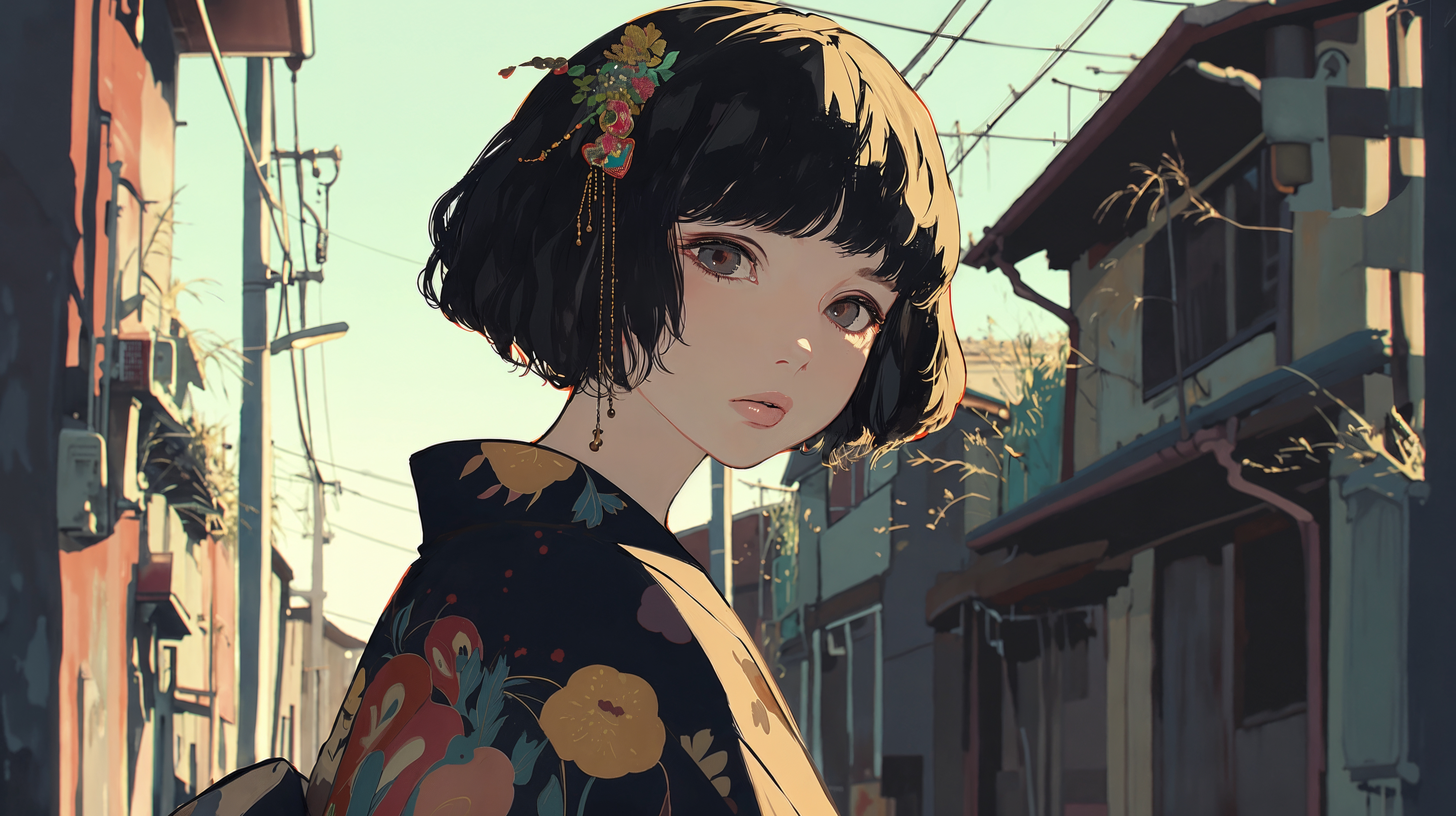 レトロな街並みの中で浴衣を着て振り返る若い女性のイラスト no.3