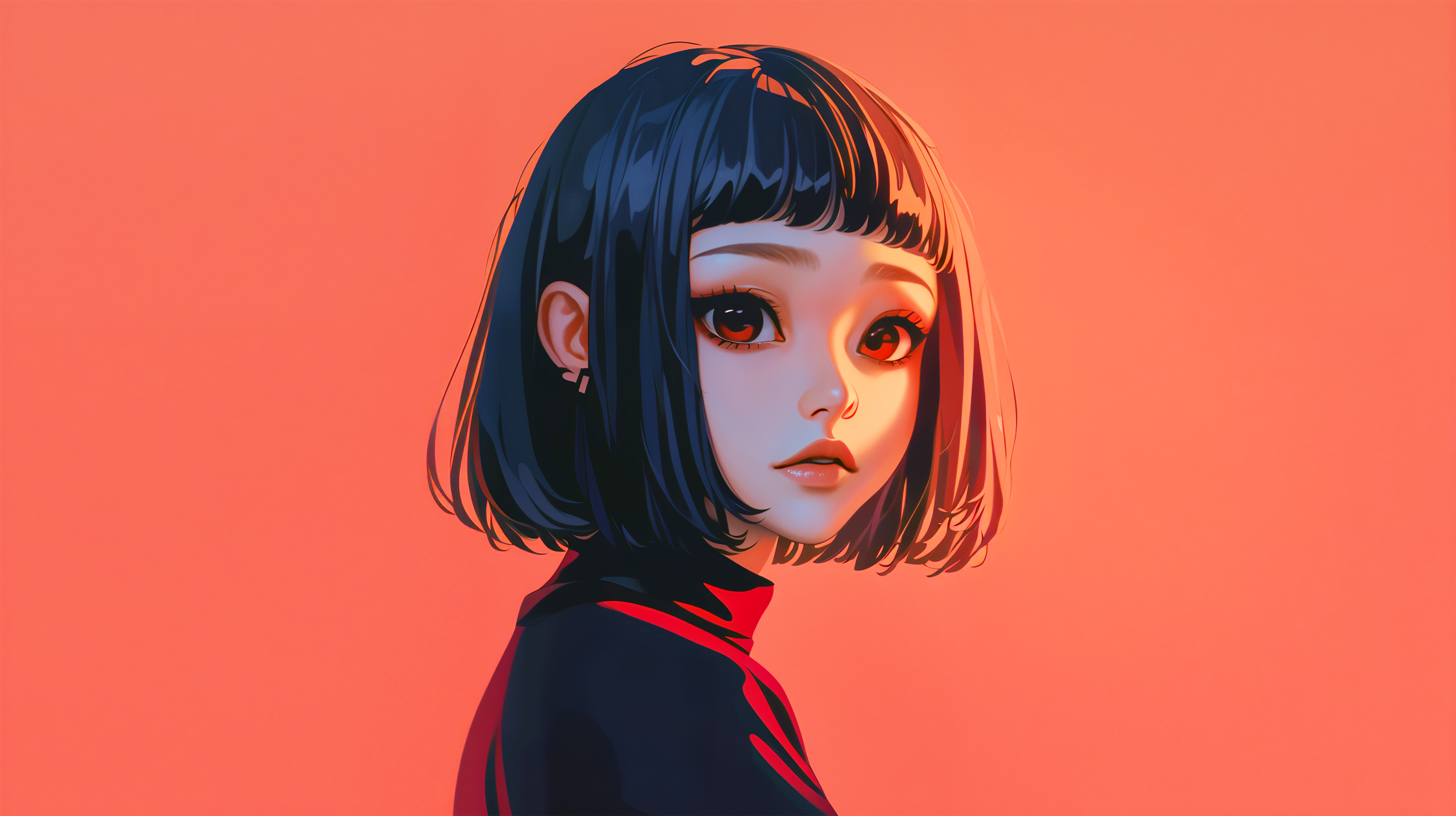 赤背景のアニメ風補正ポートレートイラスト no.2