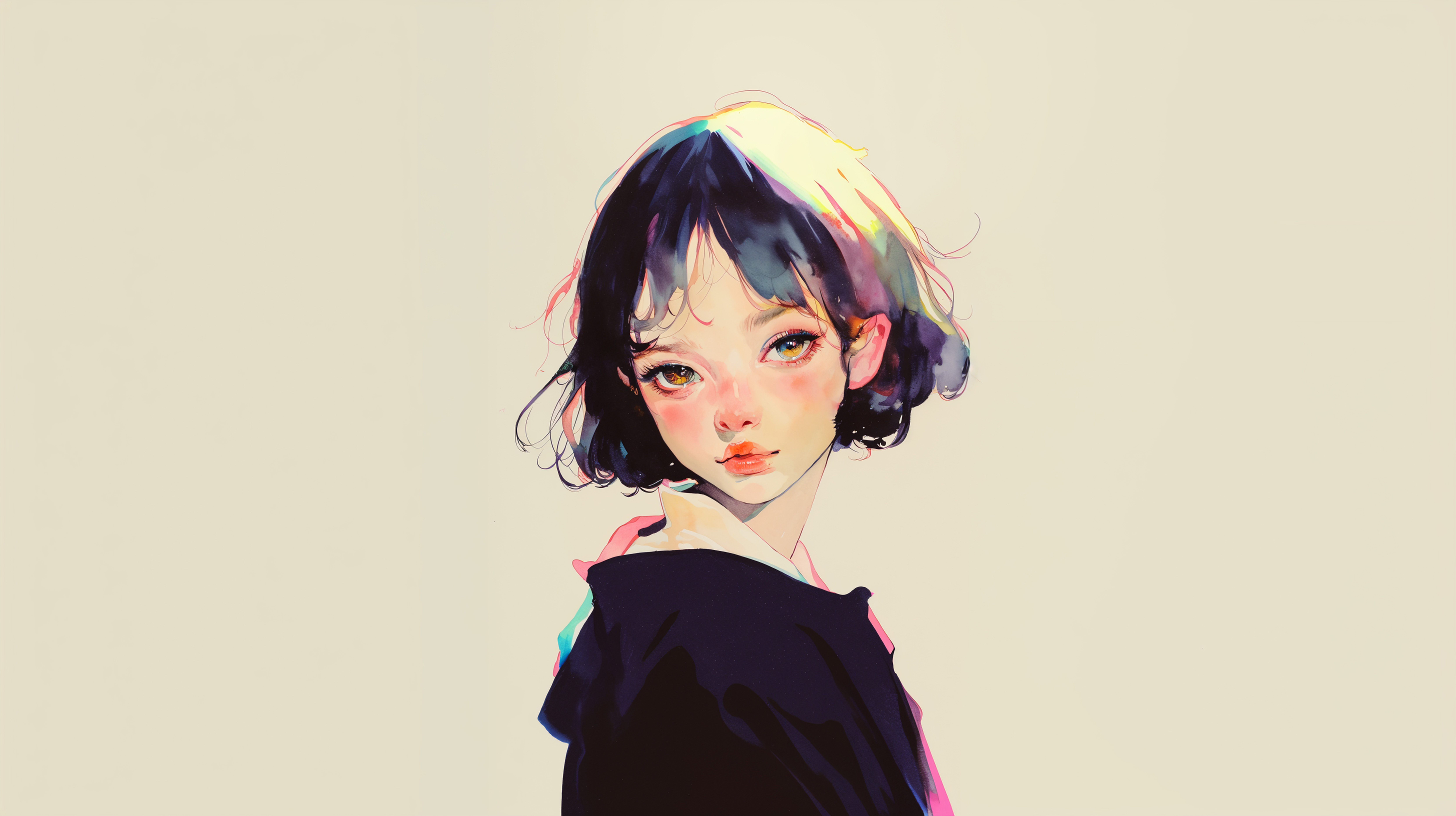 目の大きな可愛い女性の水彩イラスト no.2