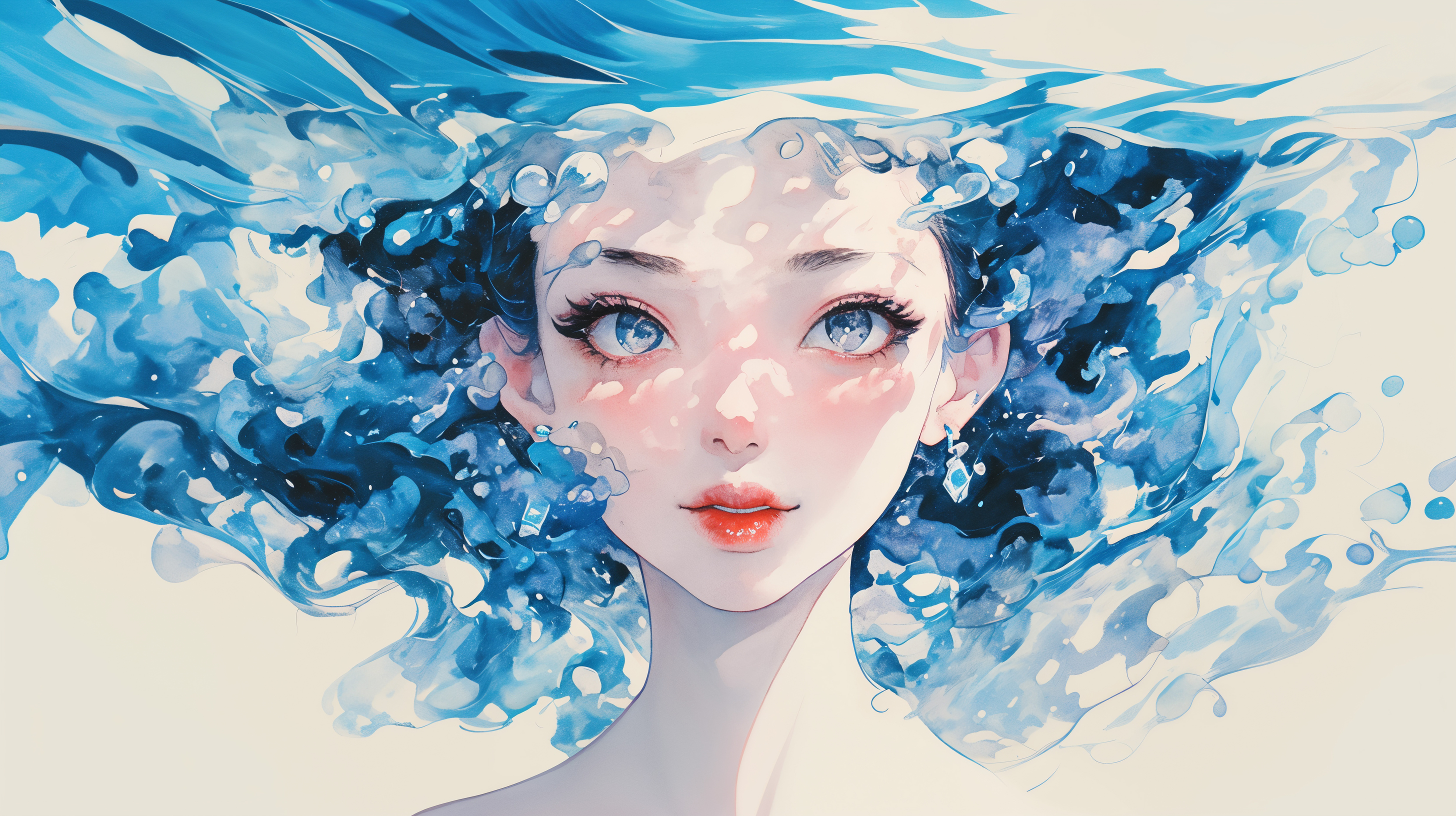 水中でカメラを見つめる透明感のある女性のイラスト no.4