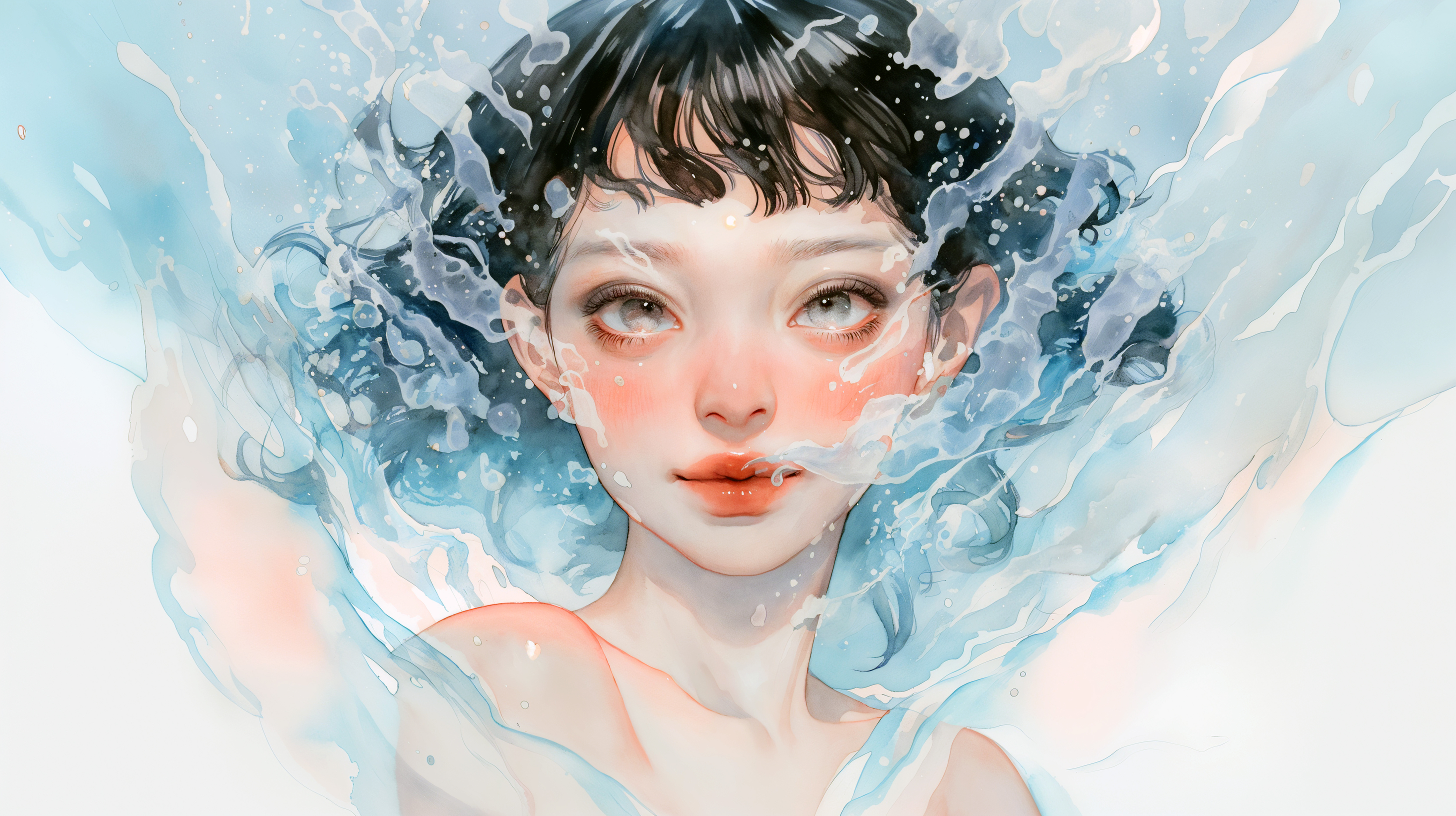 水中にいる透明感ある女性の水彩イラスト no.2