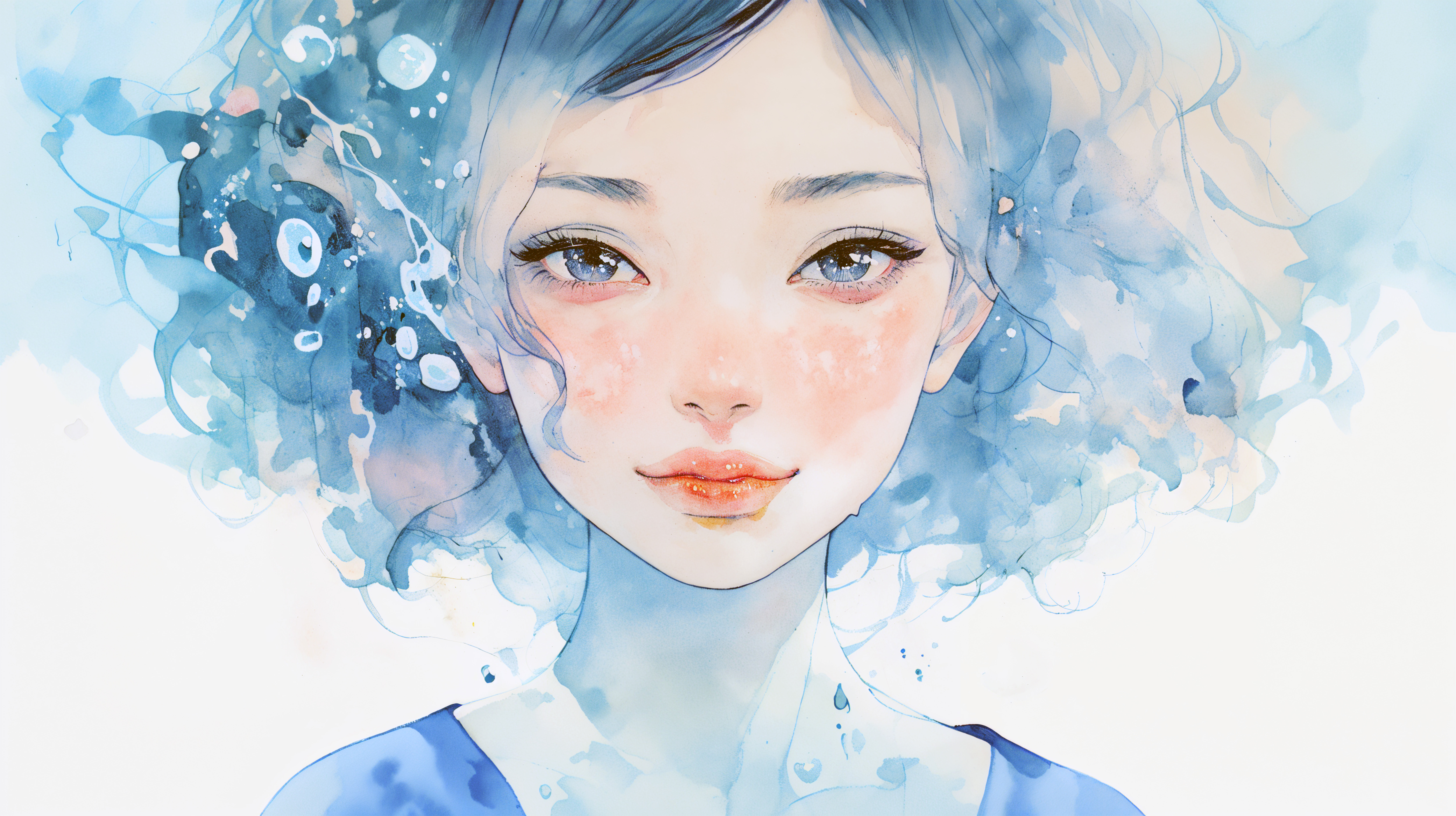 水中にいる透明感ある女性の水彩イラスト no.3