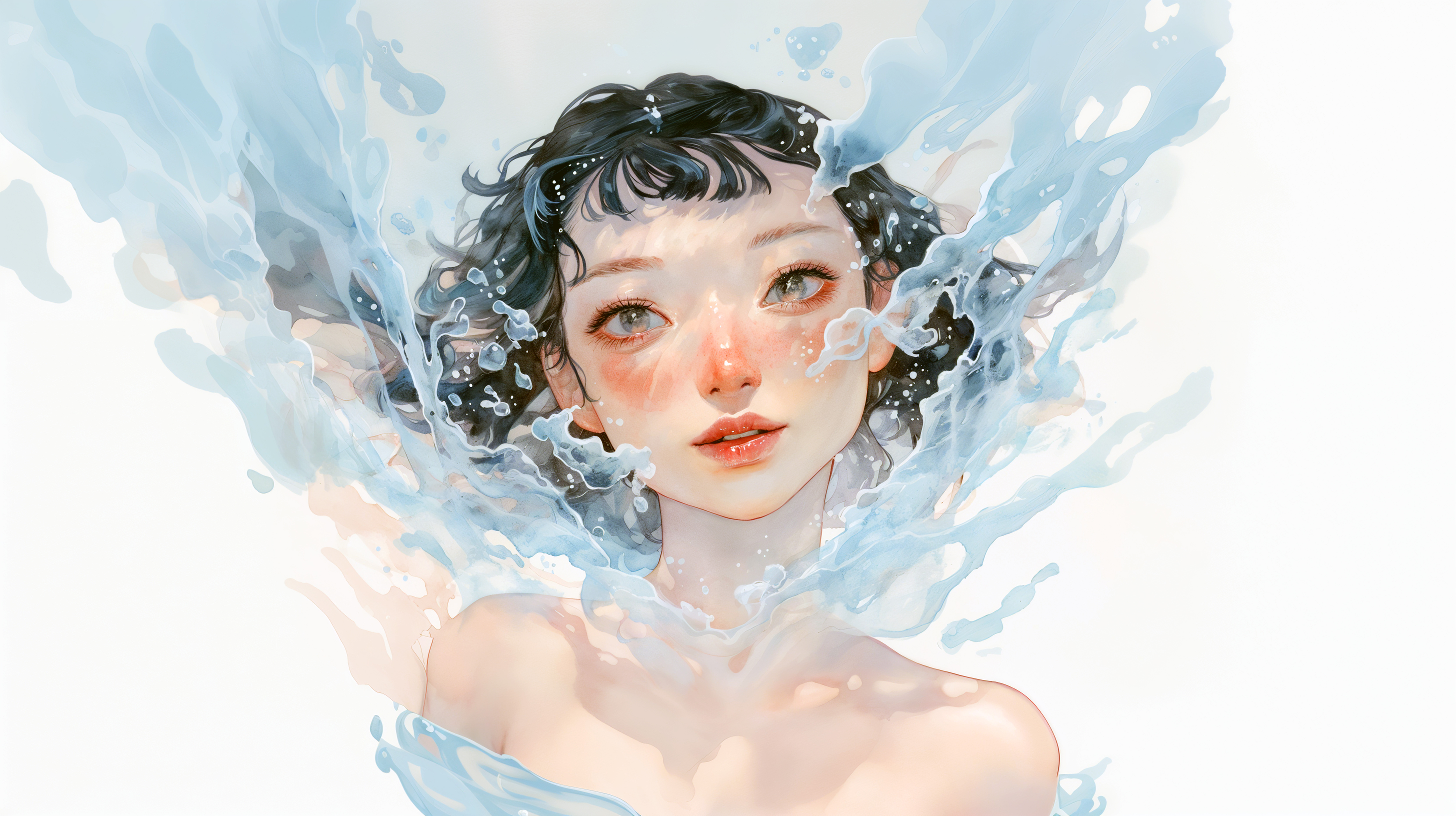 水中にいる透明感ある女性の水彩イラスト no.4