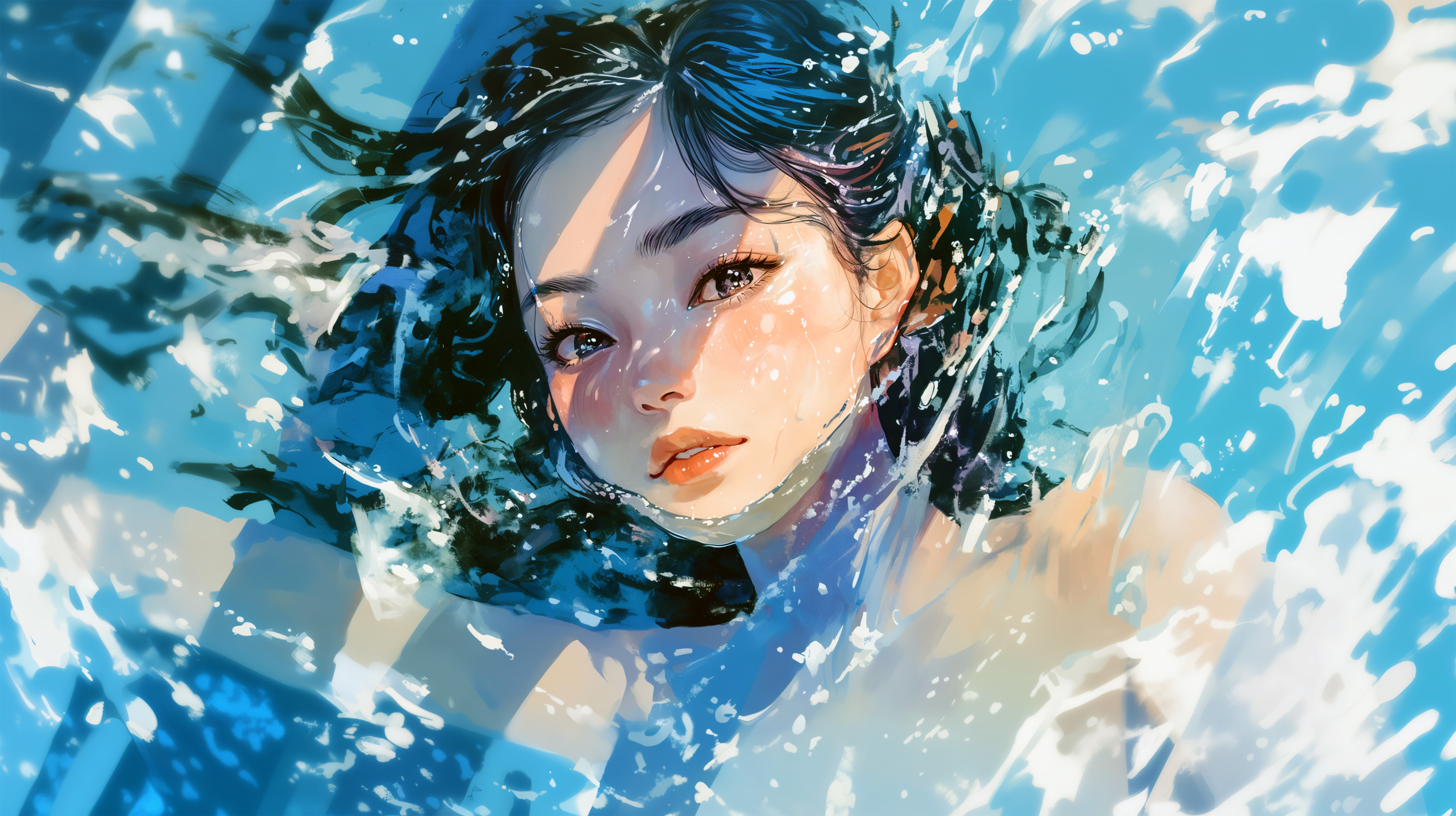 プールに浮かぶ若い女性のイラスト no.1