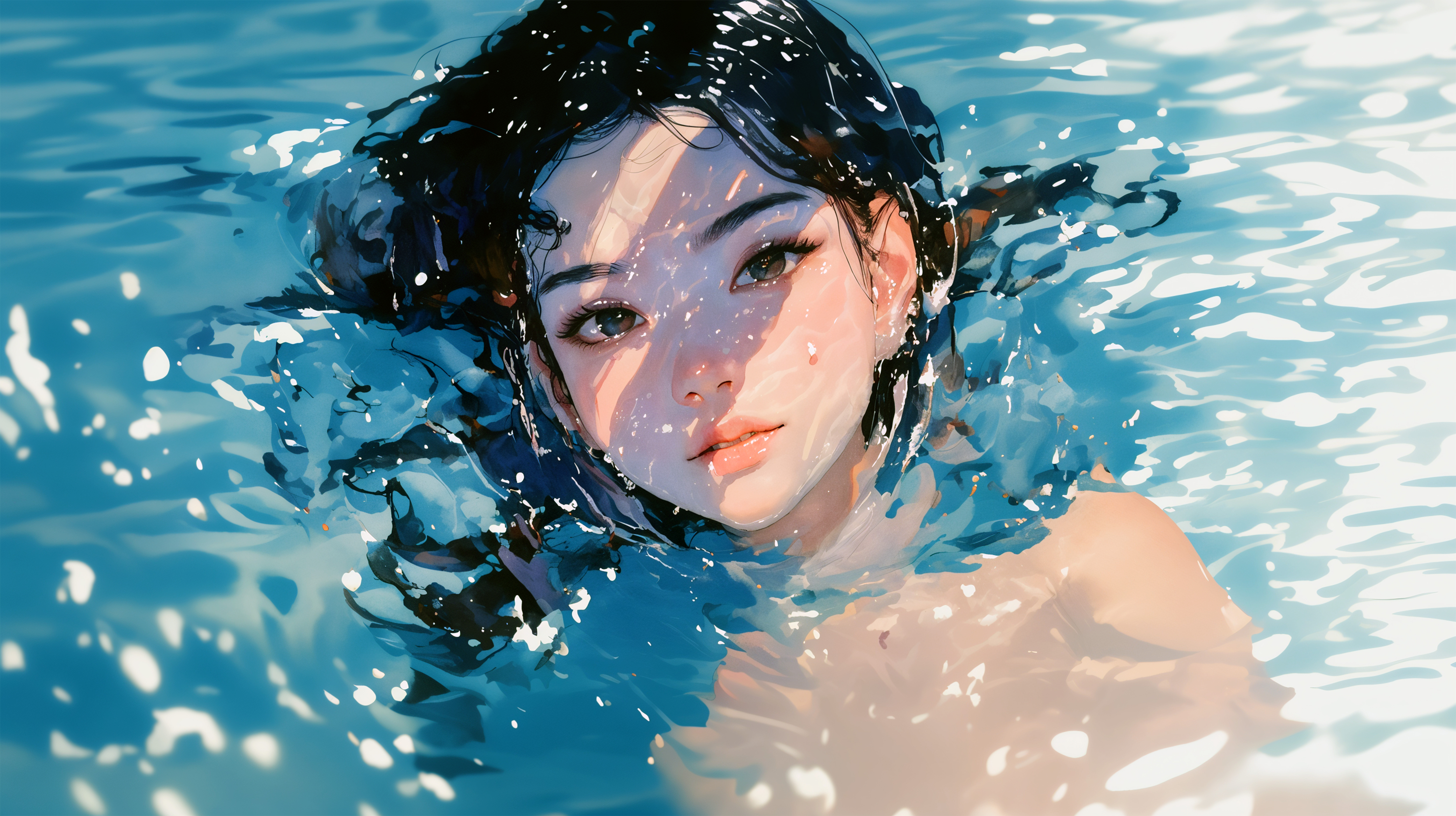 プールに浮かぶ若い女性のイラスト no.3