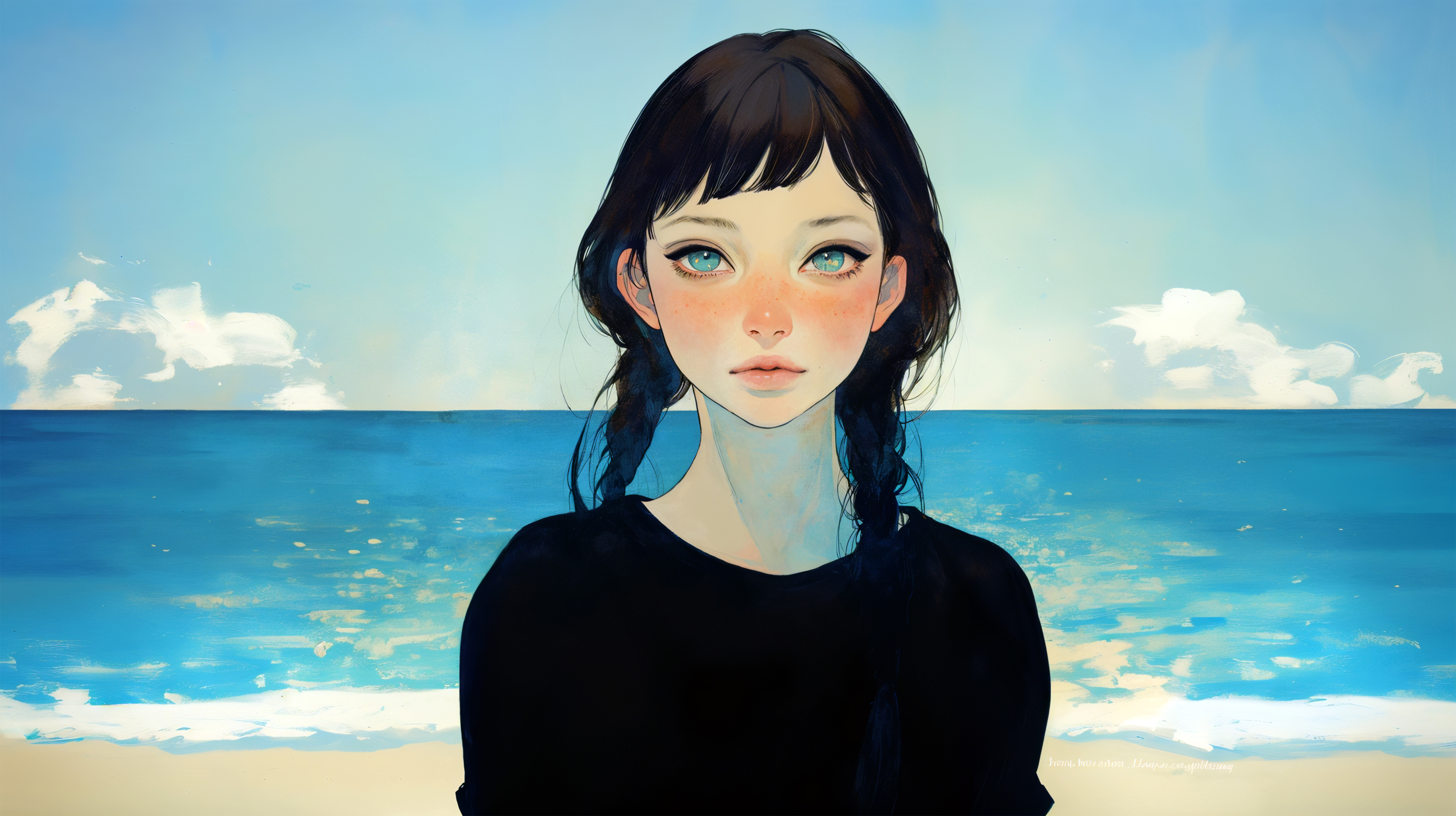 海の見える場所で静かに立っているカメラ目線の女性の水彩イラスト no.3