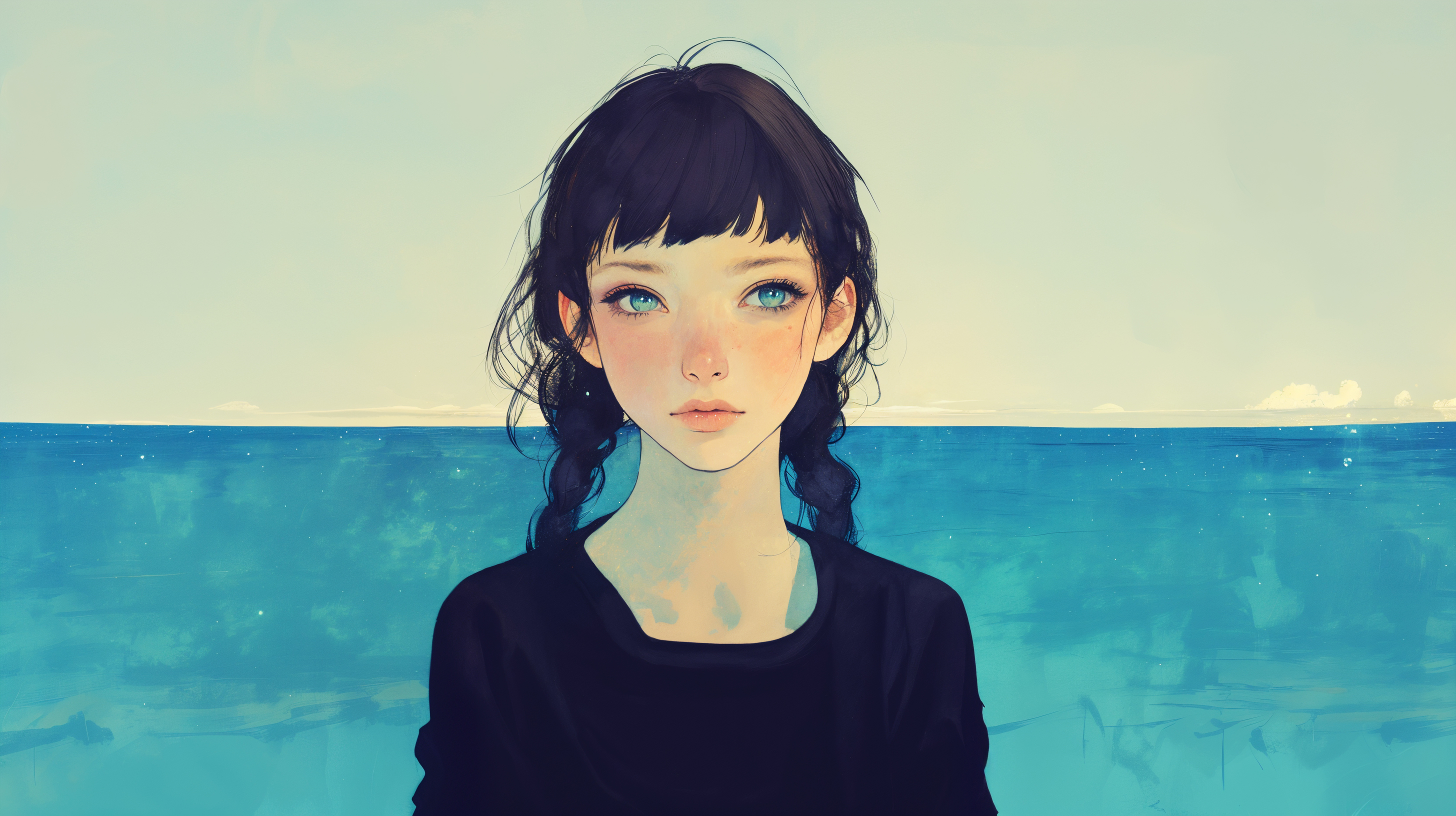 海の見える場所で静かに立っているカメラ目線の女性の水彩イラスト no.4