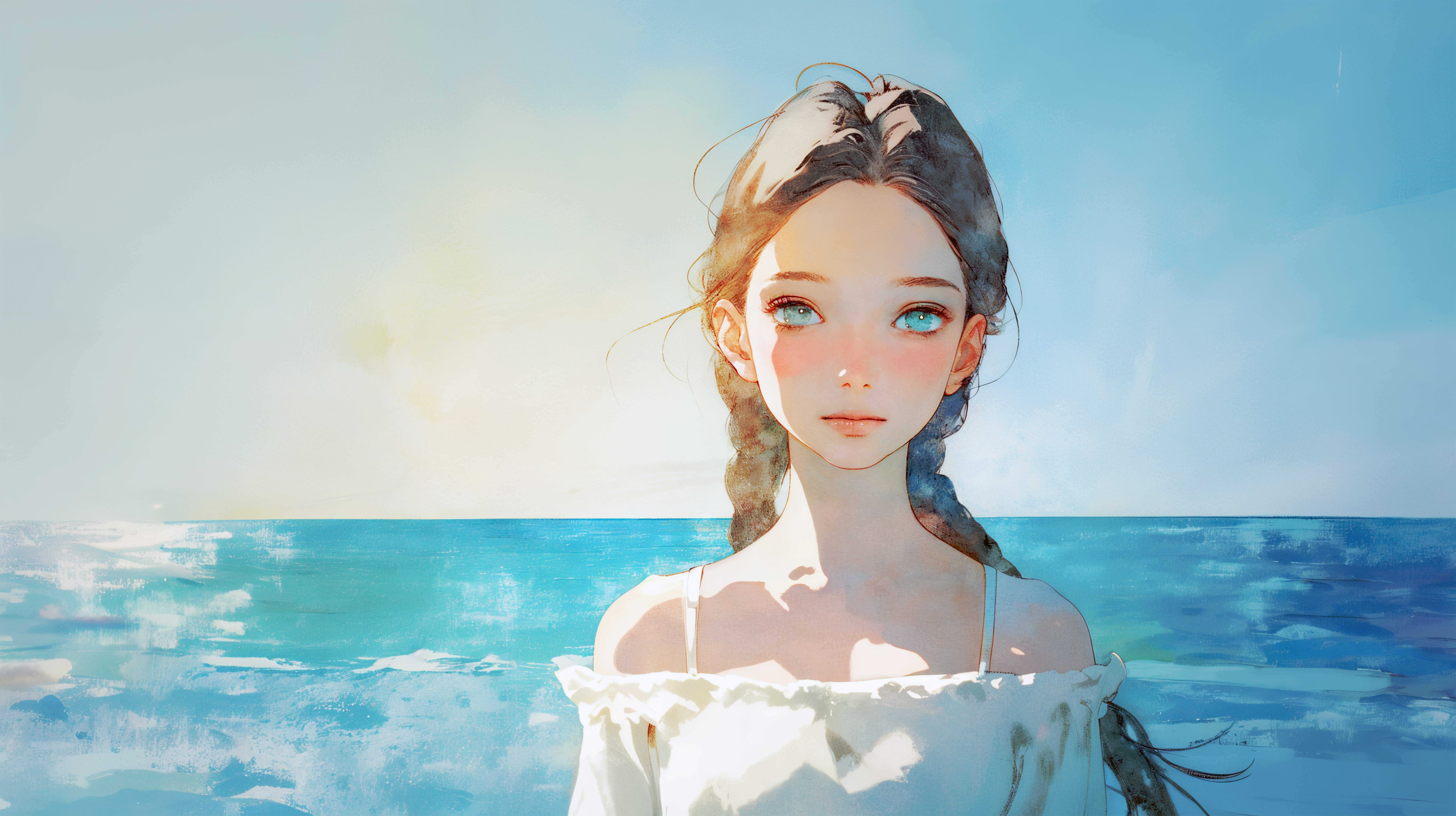 海の見える場所で静かに立っているカメラ目線の女性の水彩イラスト no.5