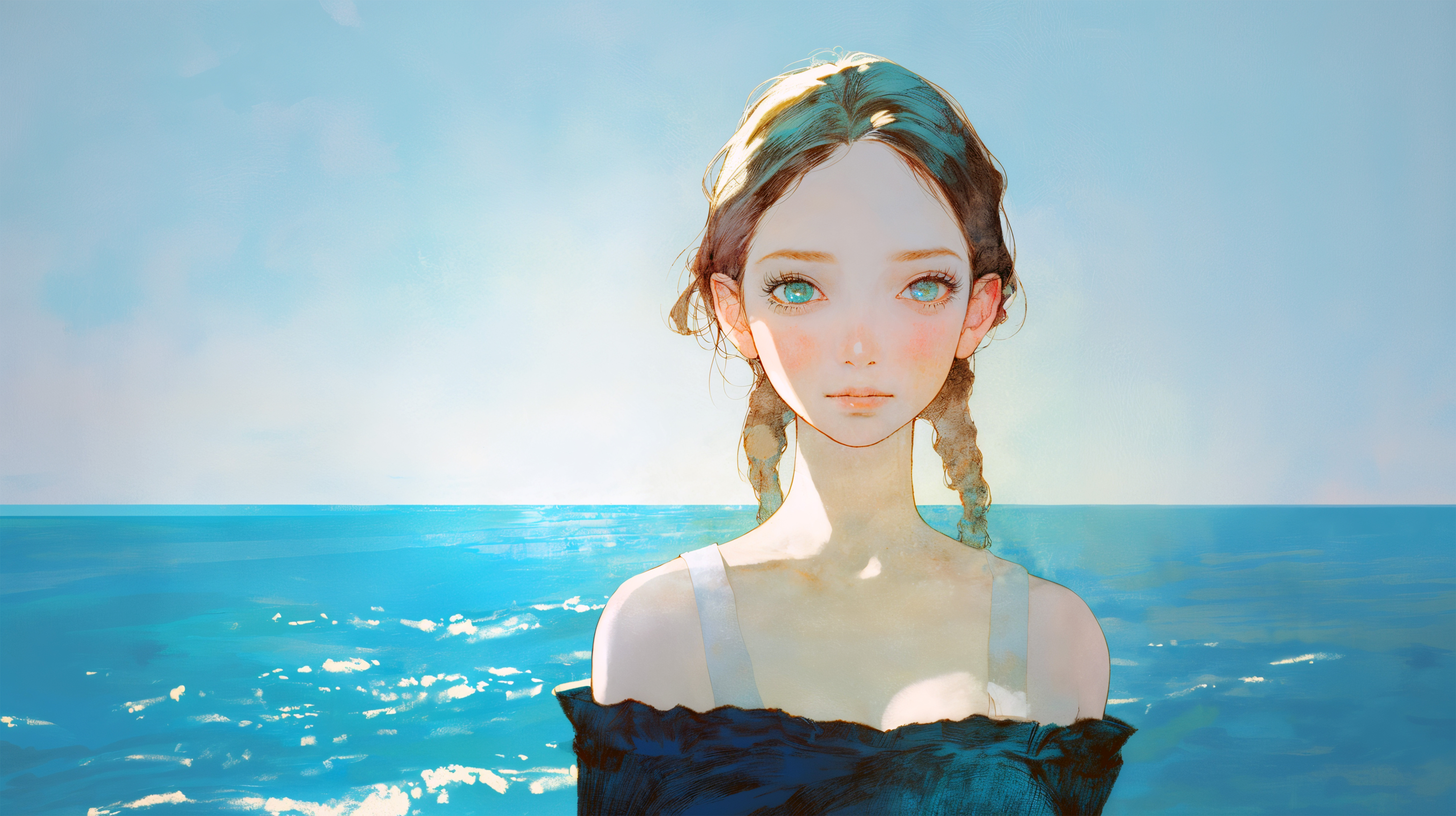海の見える場所で静かに立っているカメラ目線の女性の水彩イラスト no.6