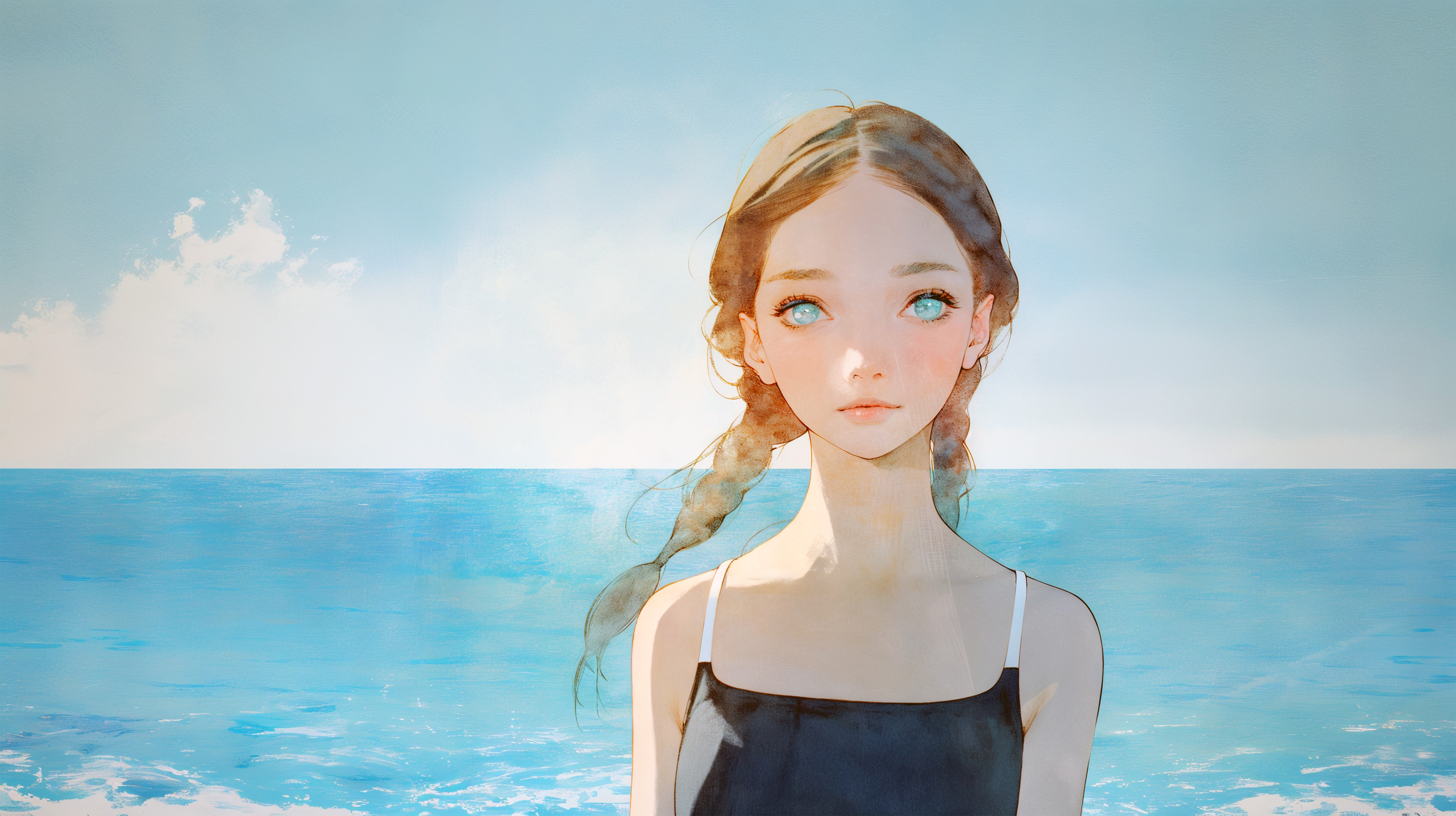 海の見える場所で静かに立っているカメラ目線の女性の水彩イラスト no.7