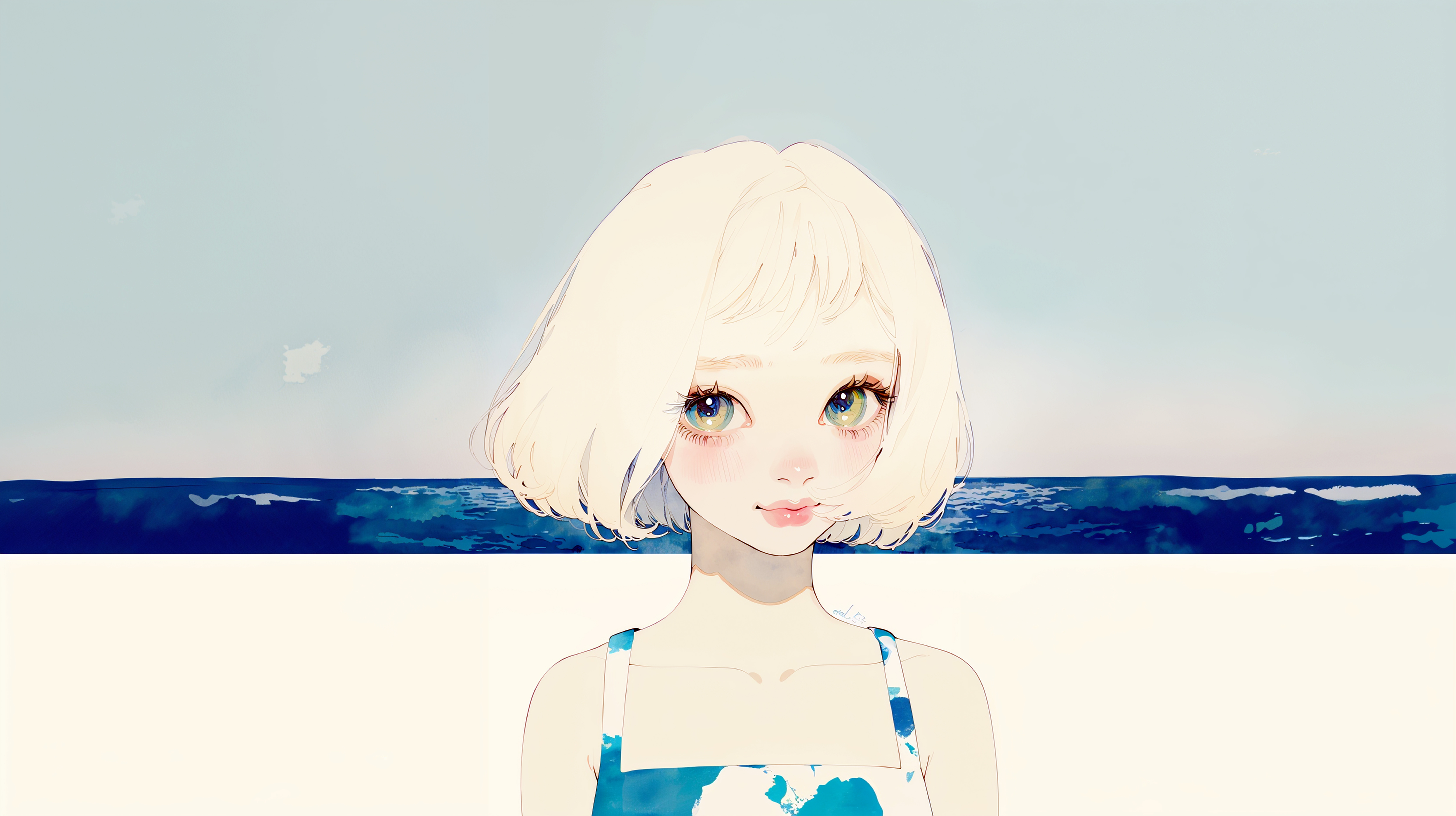 海辺に立つレトロチックなかわいい女の子のイラスト no.1
