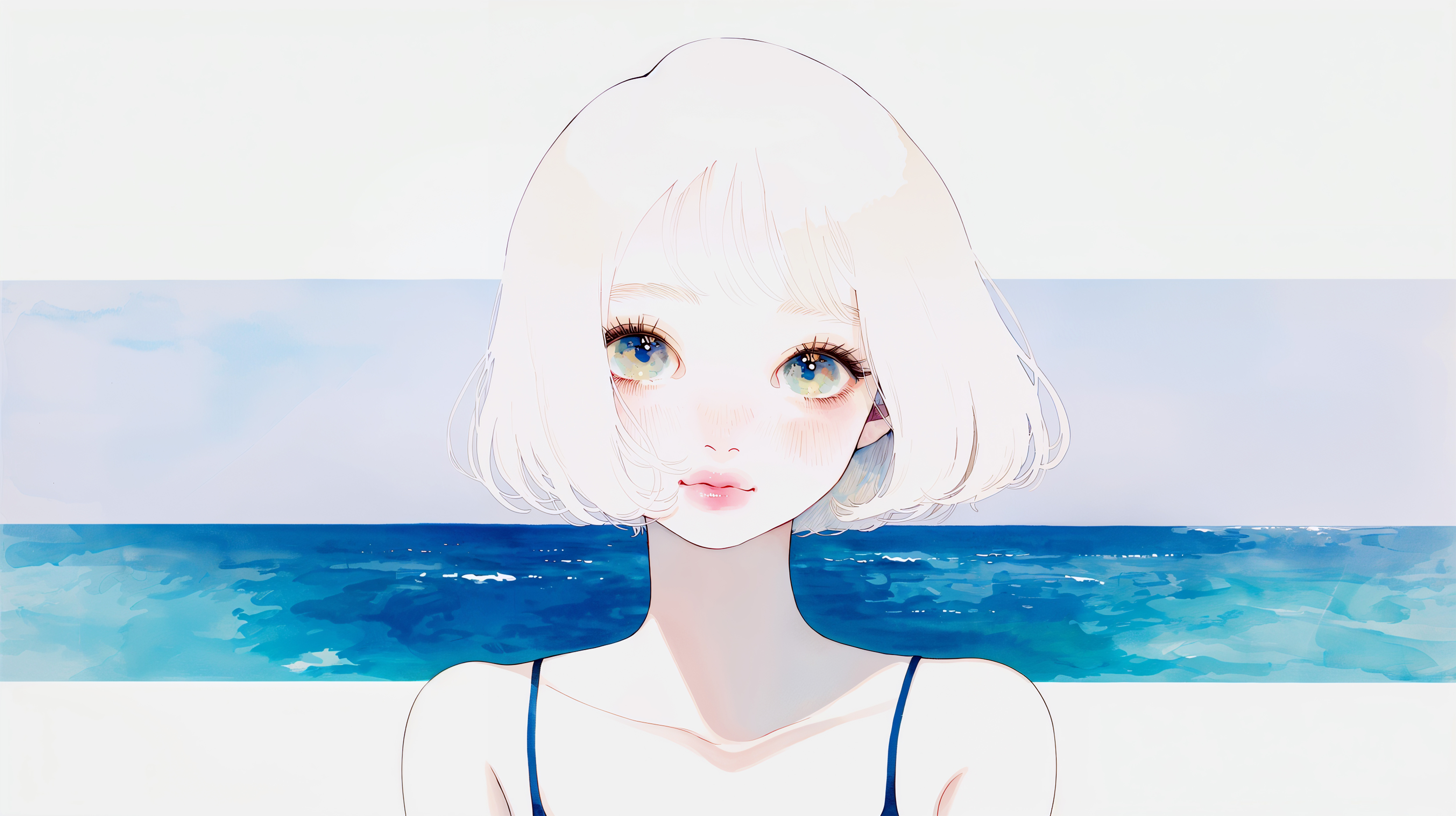 海辺に立つレトロチックなかわいい女の子のイラスト no.2