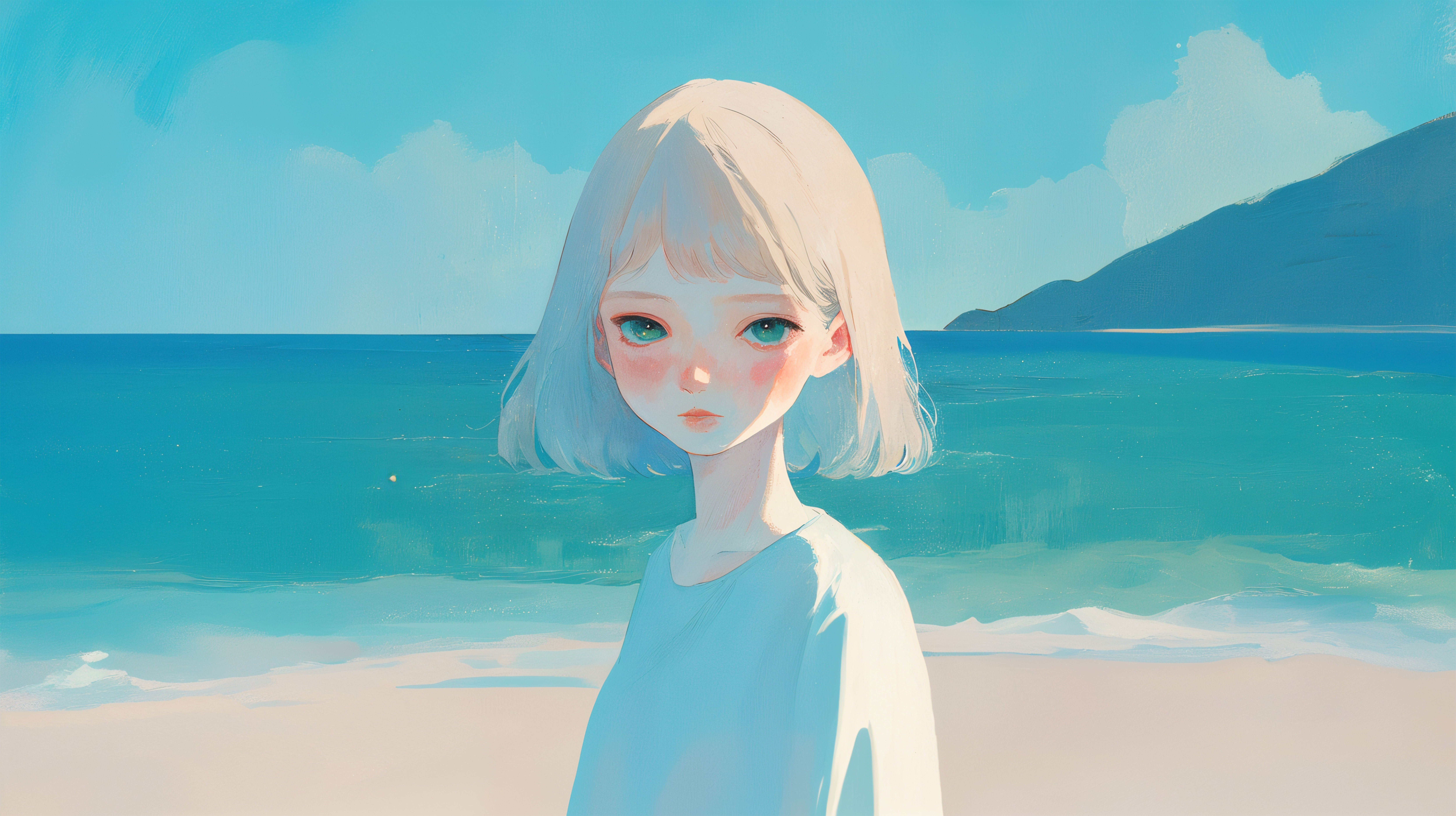海辺に立つ少女の水彩イラスト no.1