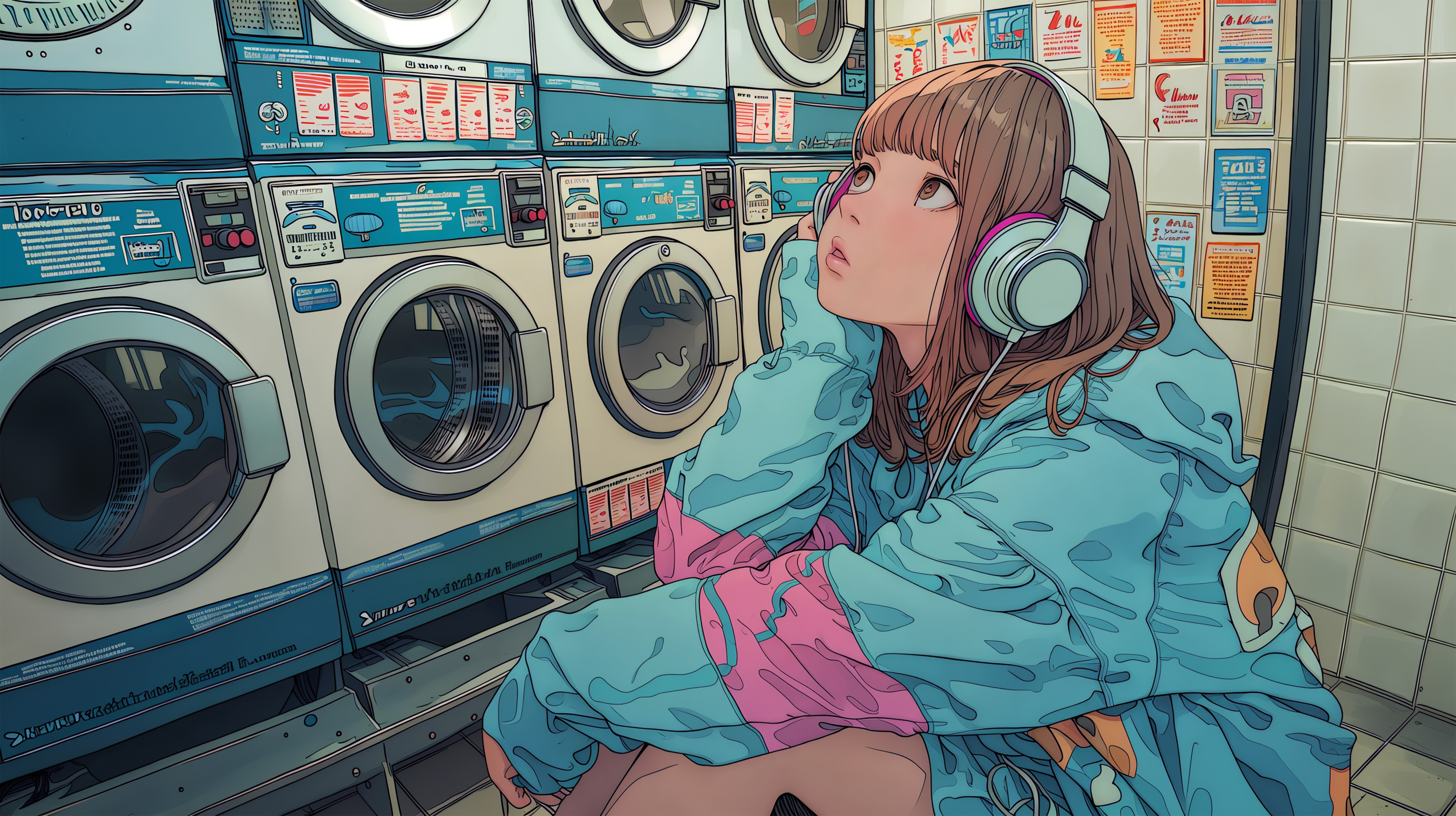 コインランドリーで音楽を聴きながら待つ女性のイラスト no.3