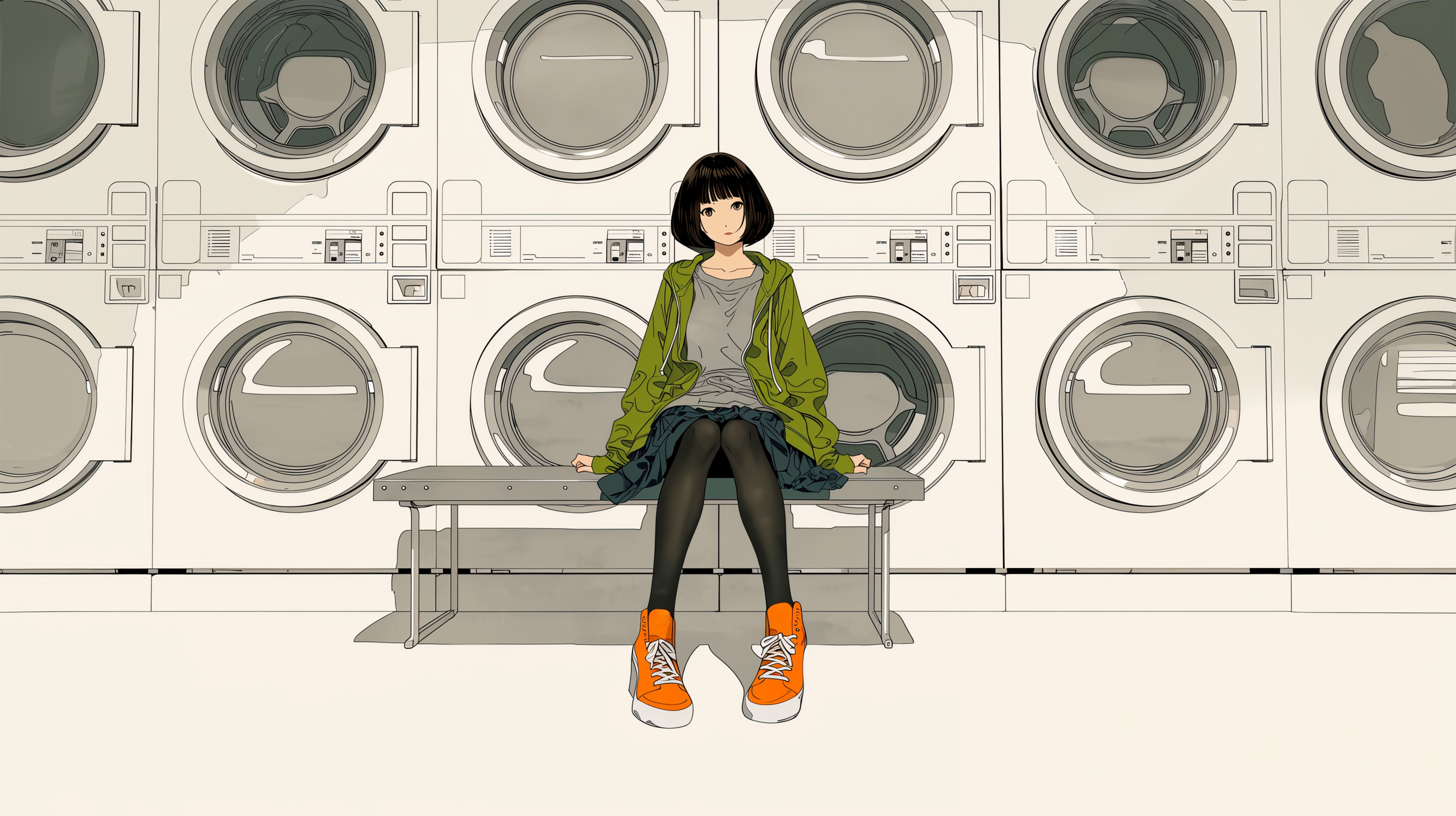 コインランドリーに座る女性のイラスト no.1