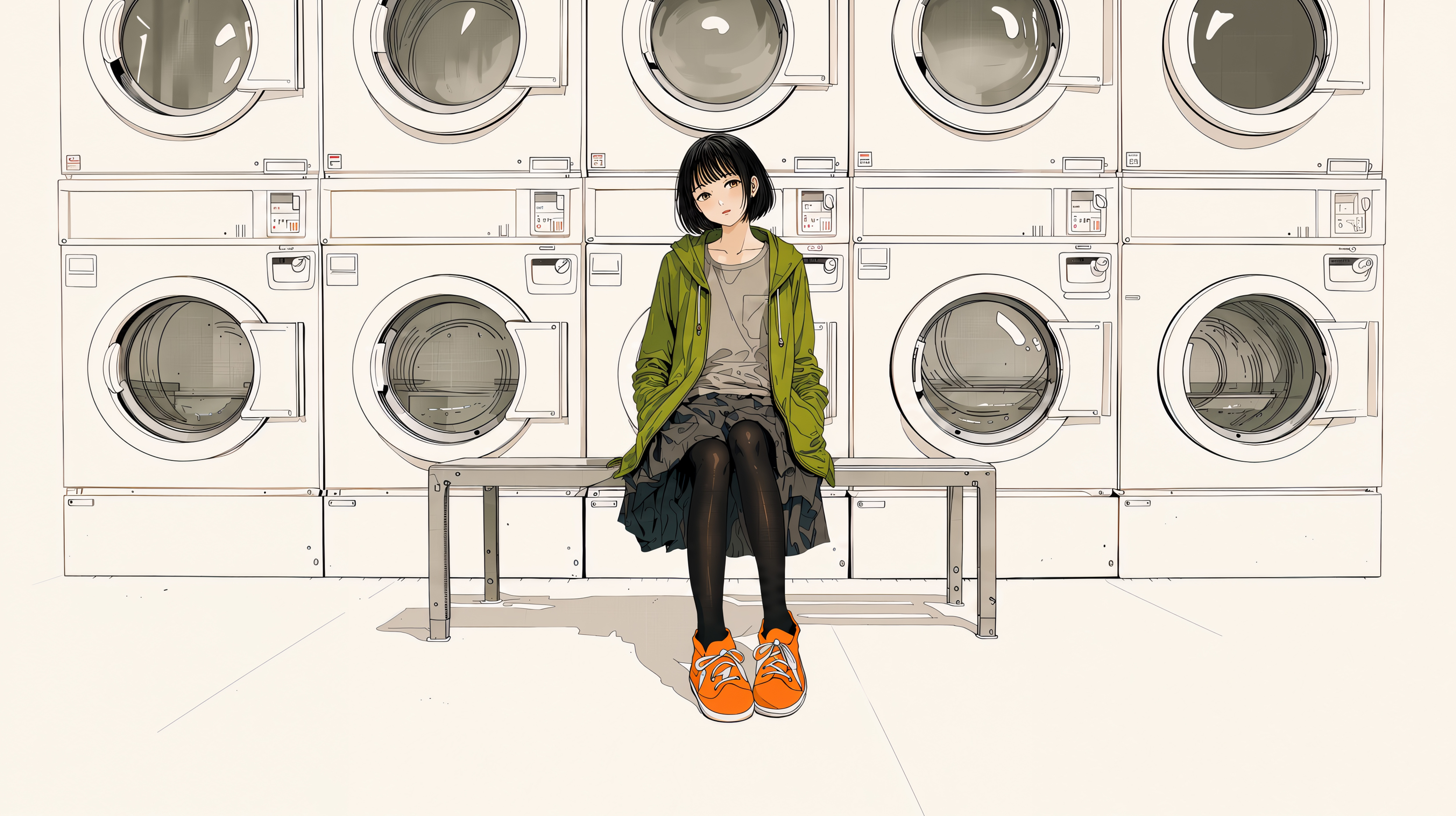 コインランドリーに座る女性のイラスト no.2
