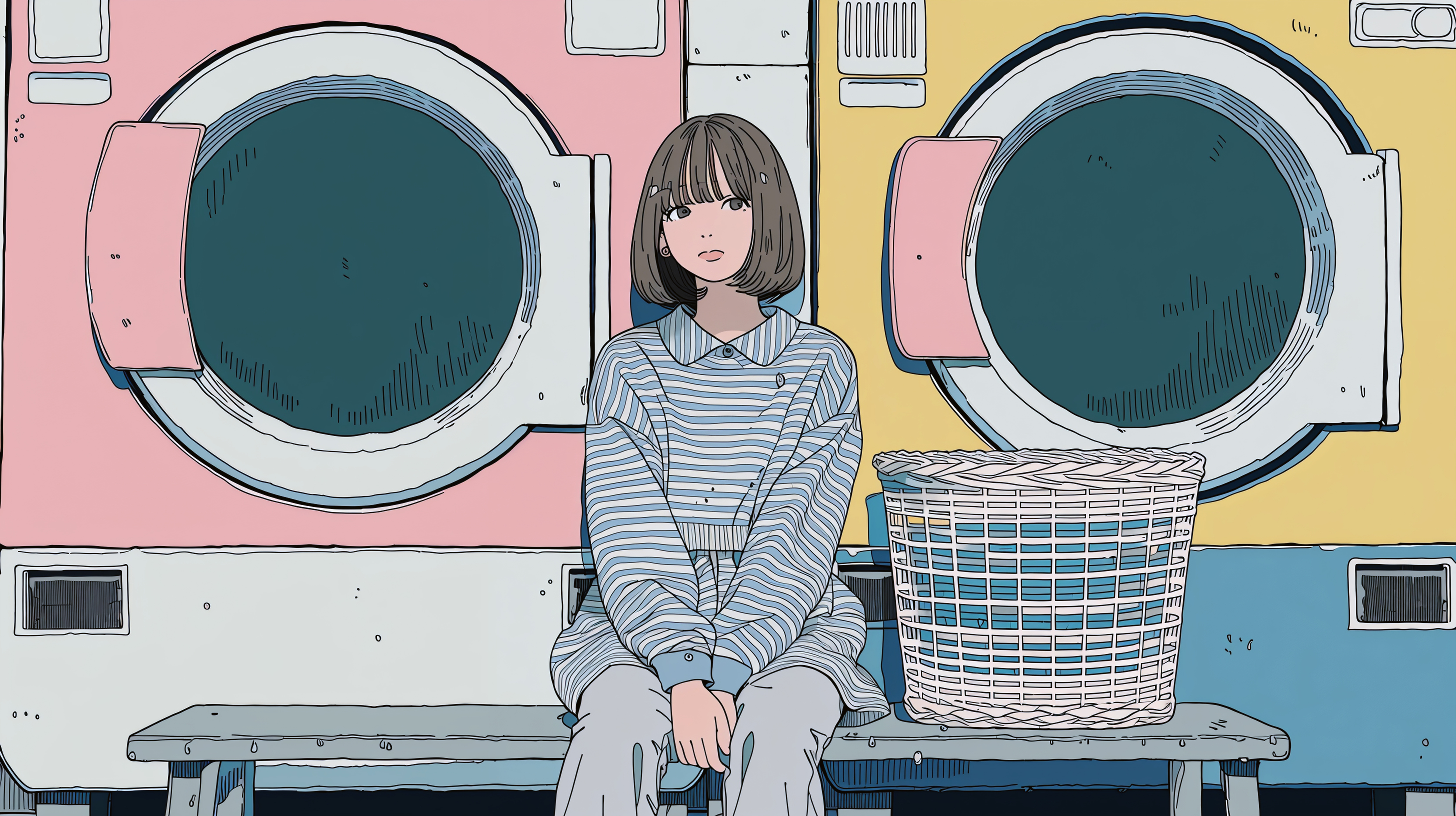 コインランドリーに座る女性のイラスト no.3