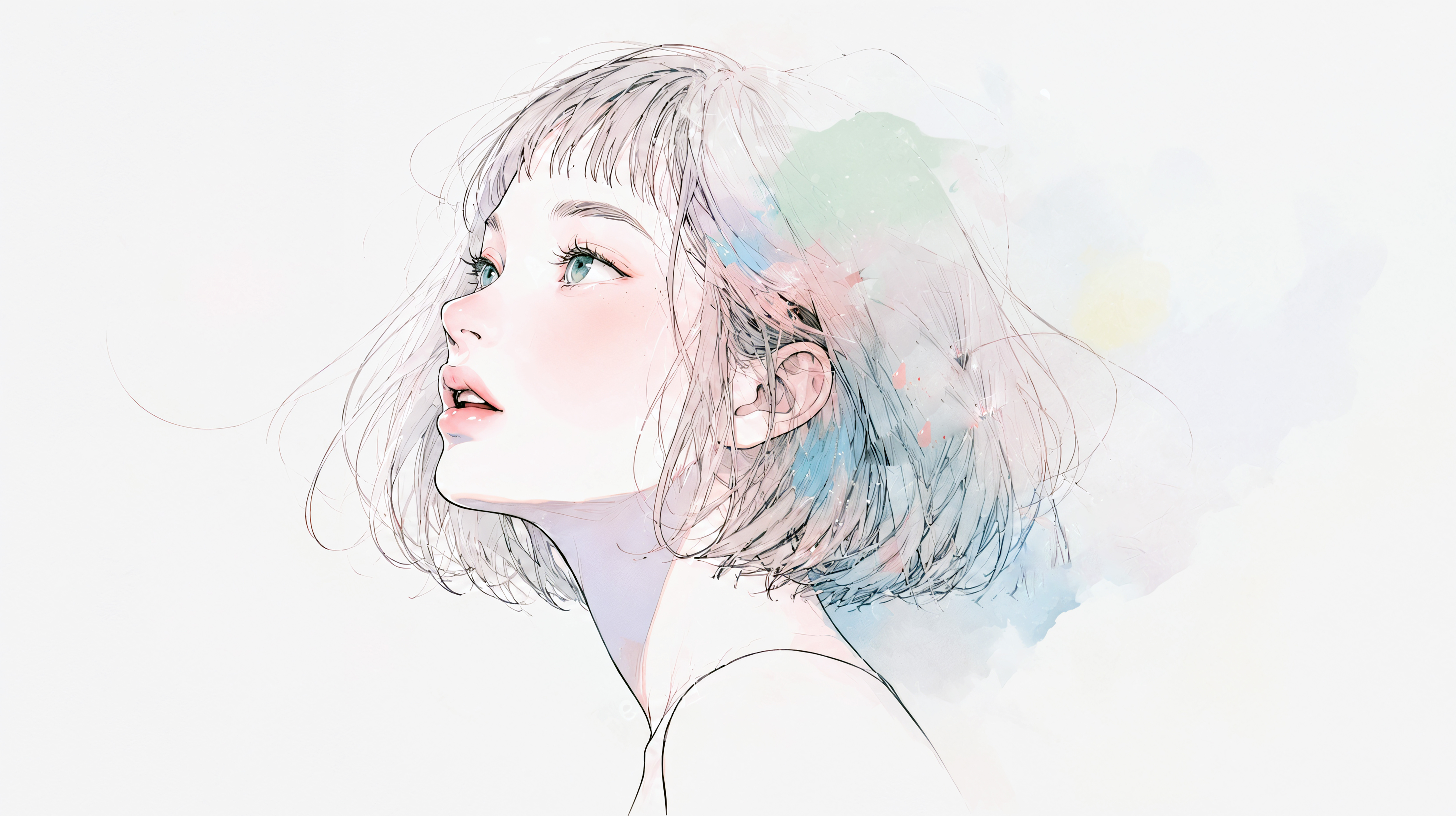 見上げる女性の水彩イラスト no.1