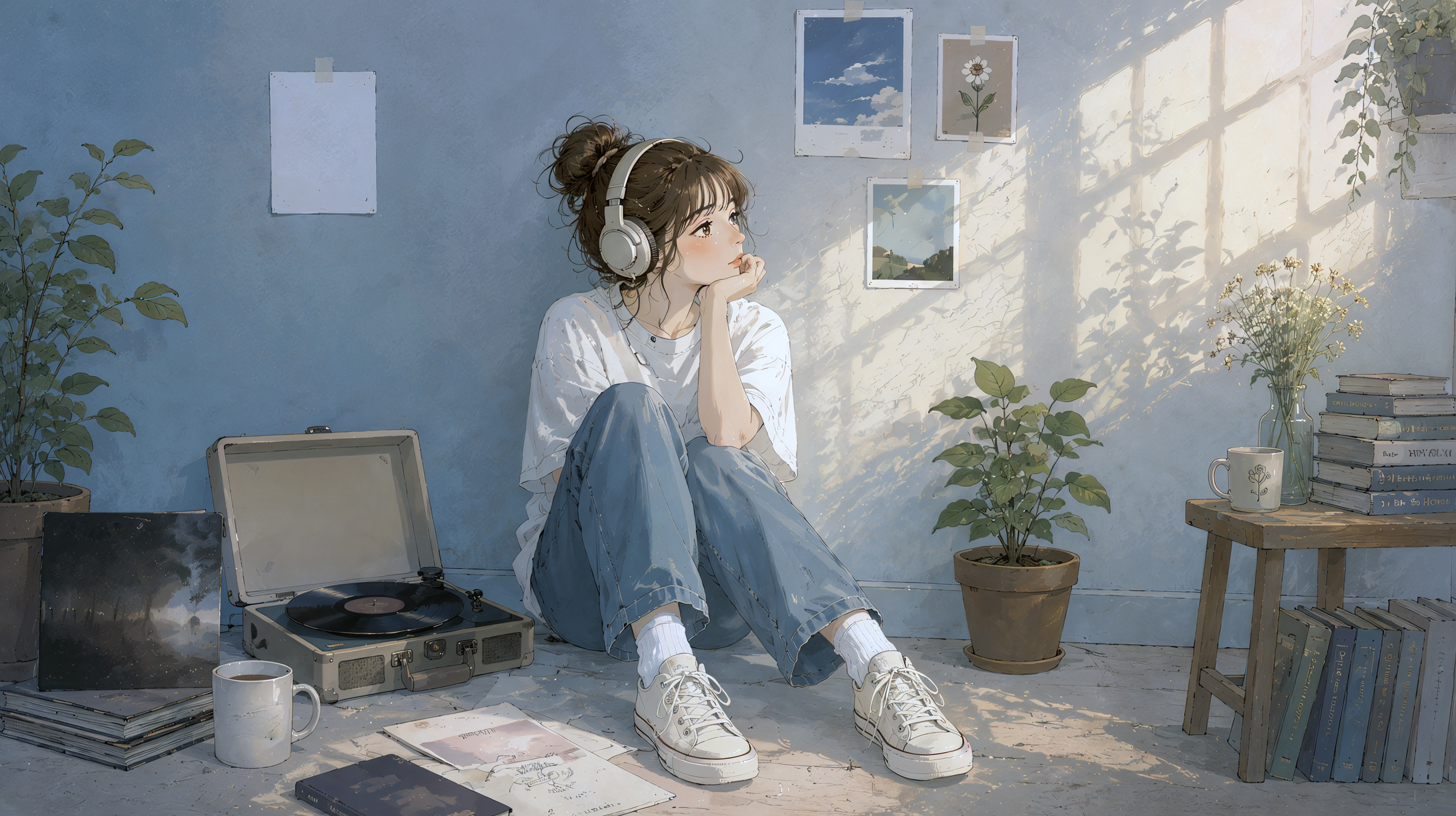 部屋に座りヘッドホンで音楽を聴く女性 no.1