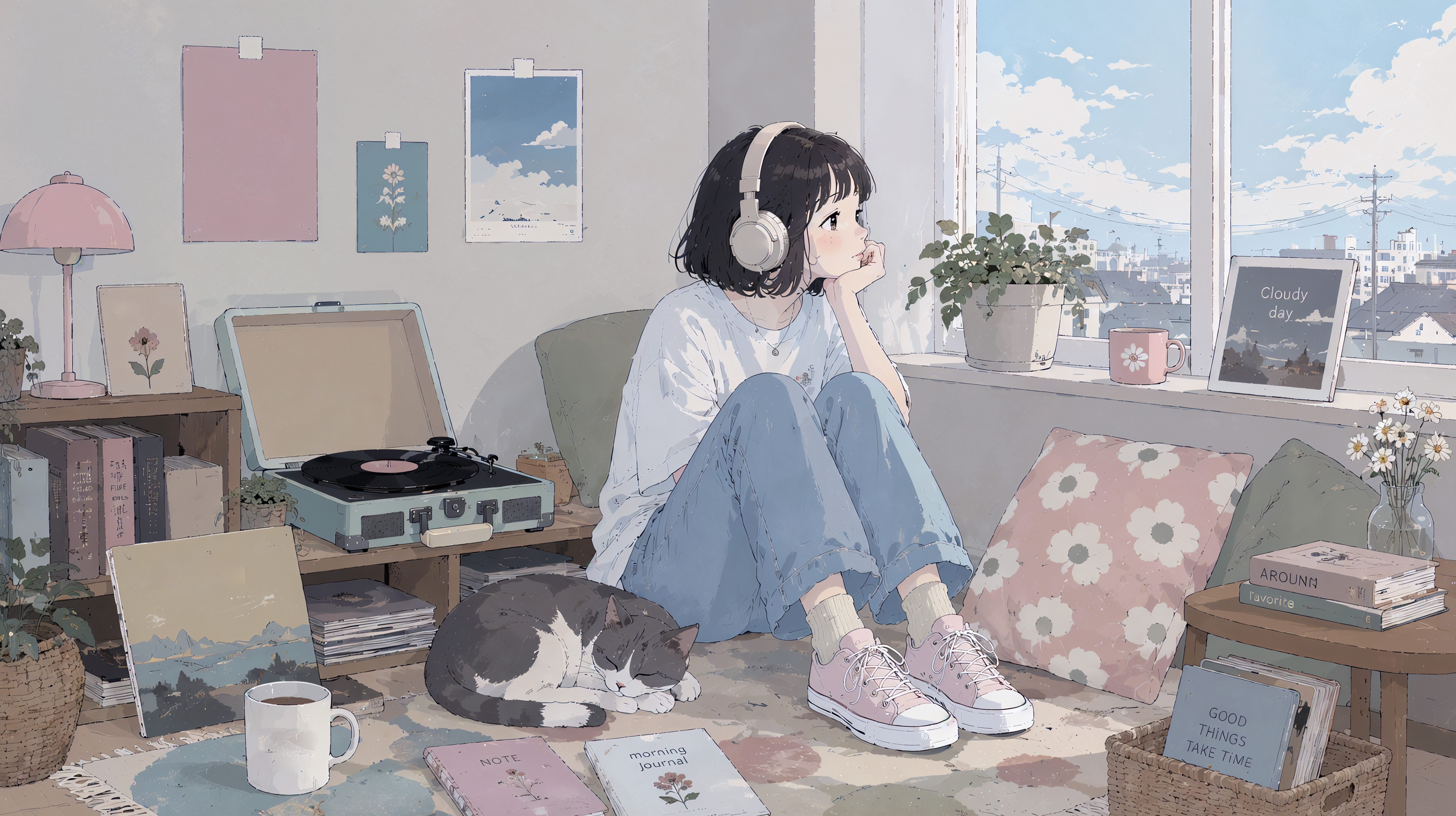 部屋に座りヘッドホンで音楽を聴く女性 no.2