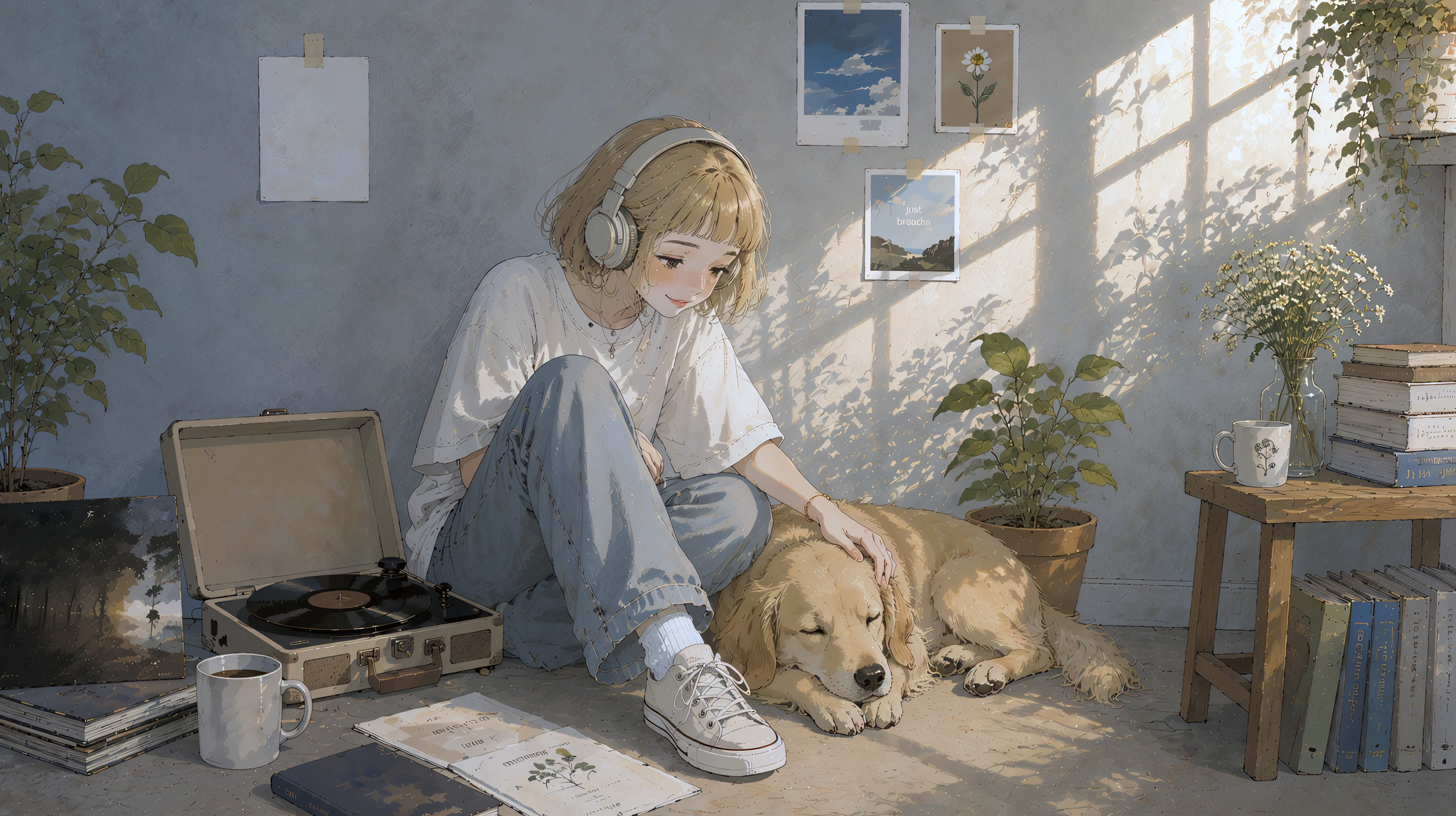 部屋に座りヘッドホンで音楽を聴く女性 no.3