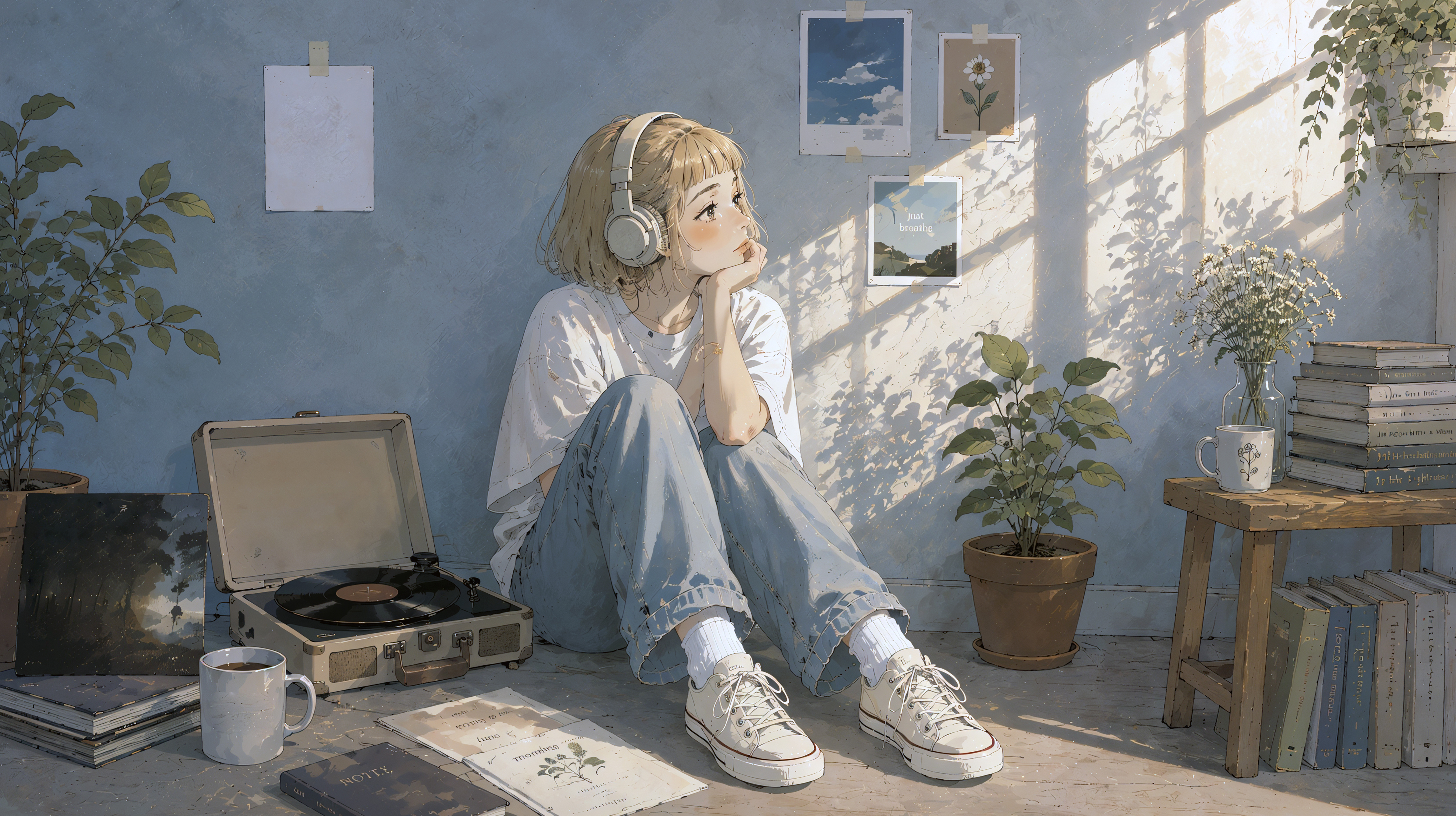 部屋に座りヘッドホンで音楽を聴く女性 no.4