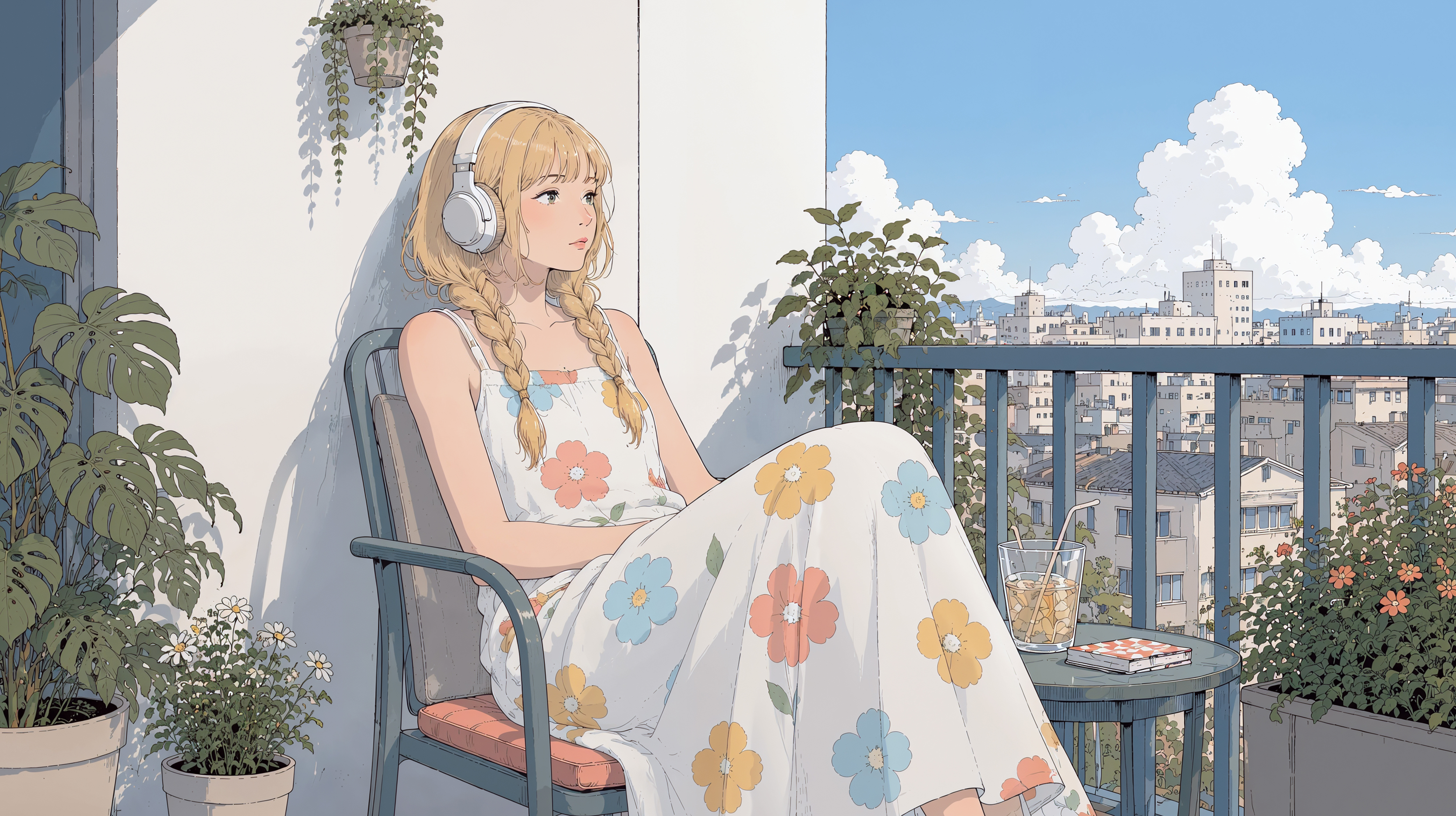 ベランダに座り音楽を聴いて夏の街を眺めているヘッドホンの女性 no.1