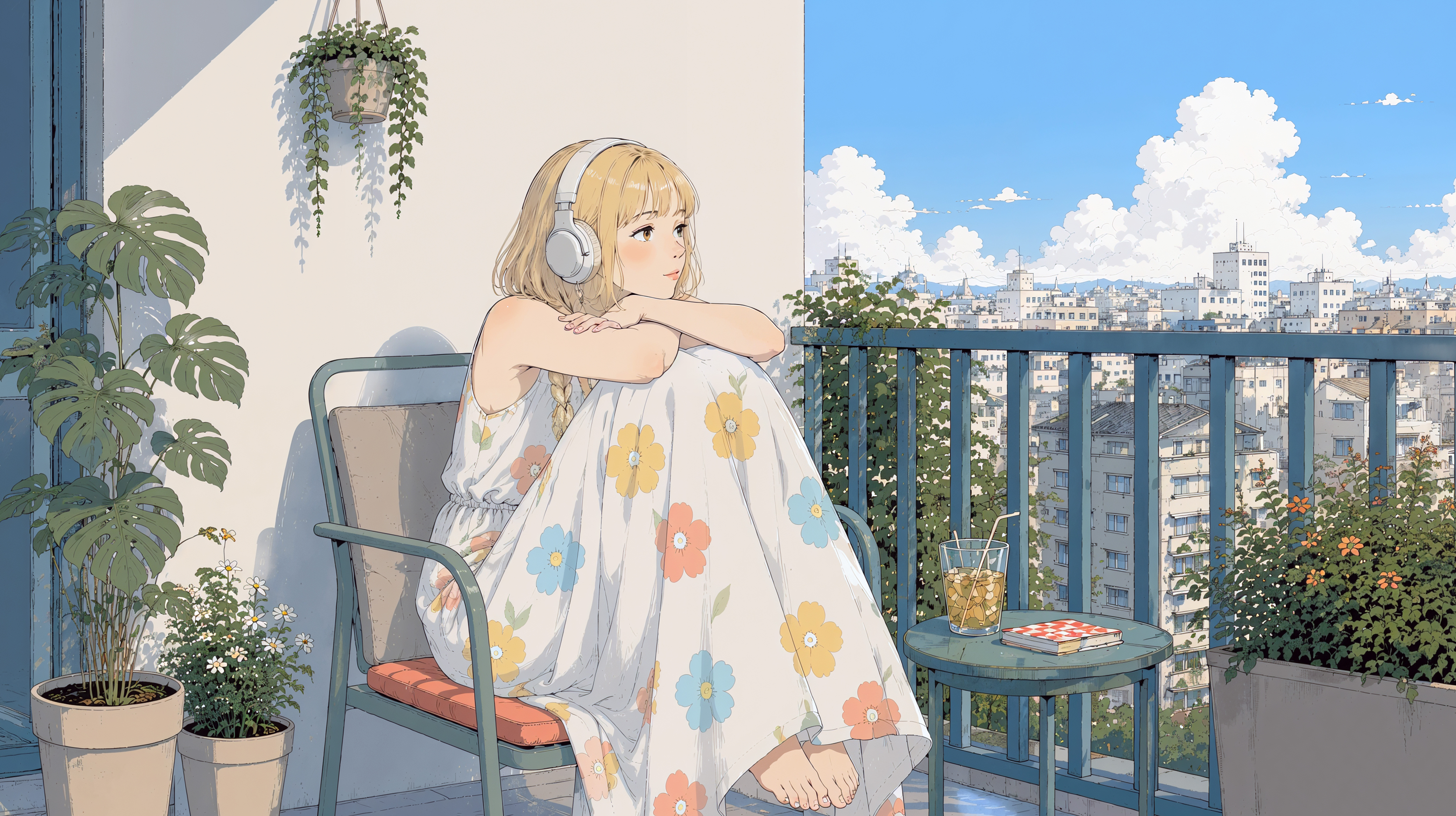 ベランダに座り音楽を聴いて夏の街を眺めているヘッドホンの女性 no.2
