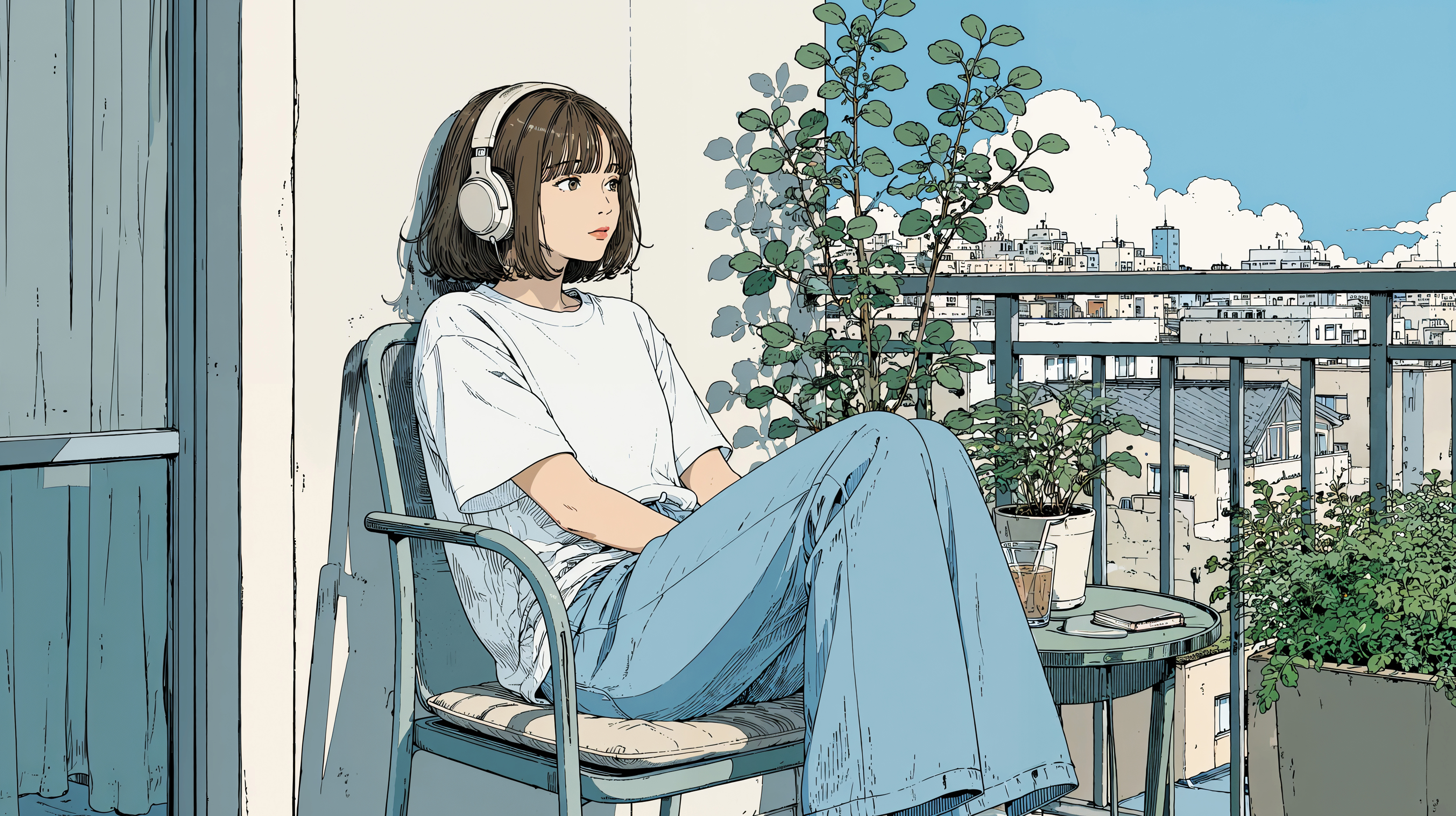 ベランダに座り音楽を聴いて夏の街を眺めているヘッドホンの女性 no.3