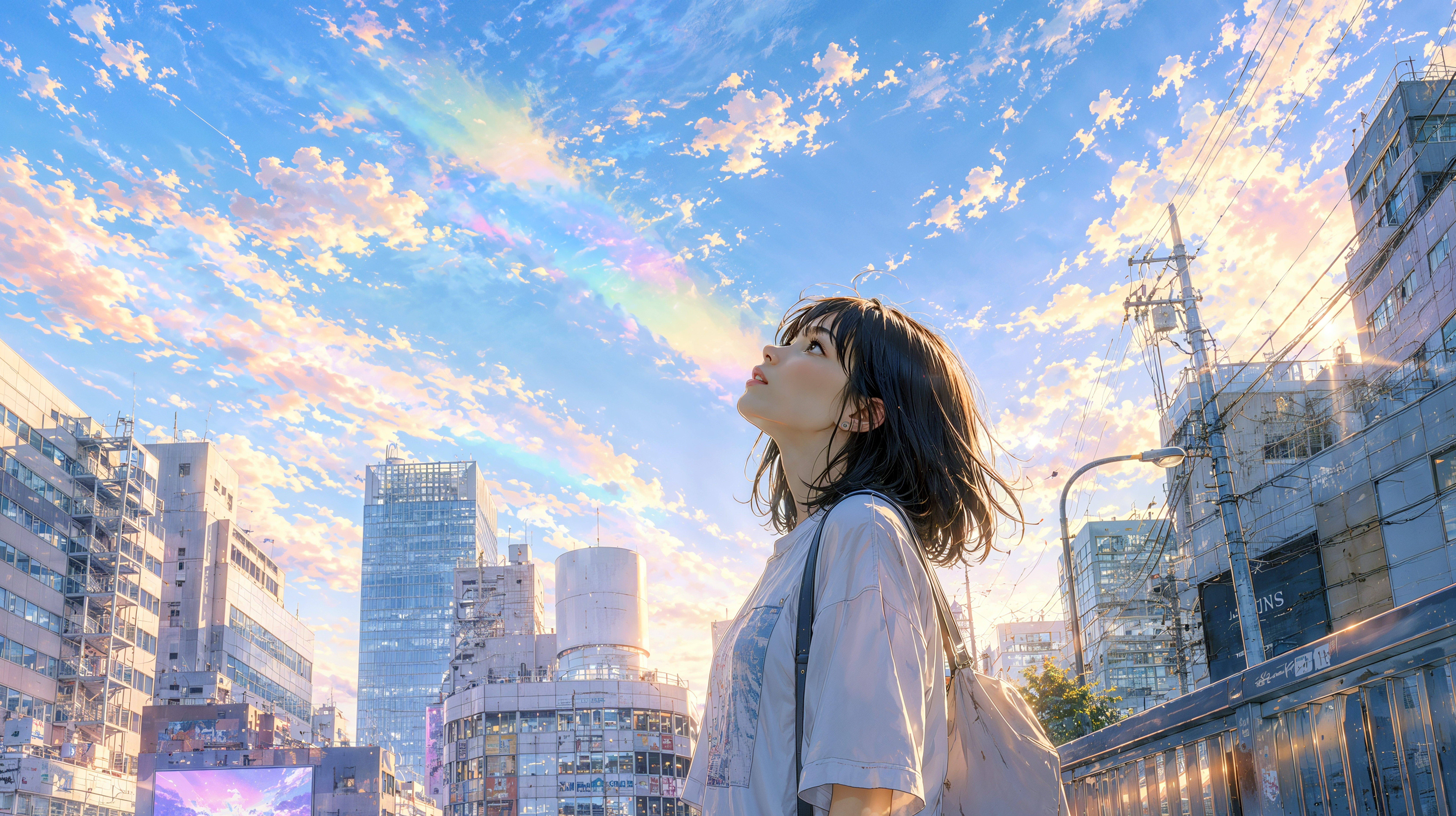 夕日に染まる都会の空を見上げる若い女性のポートレート no.3