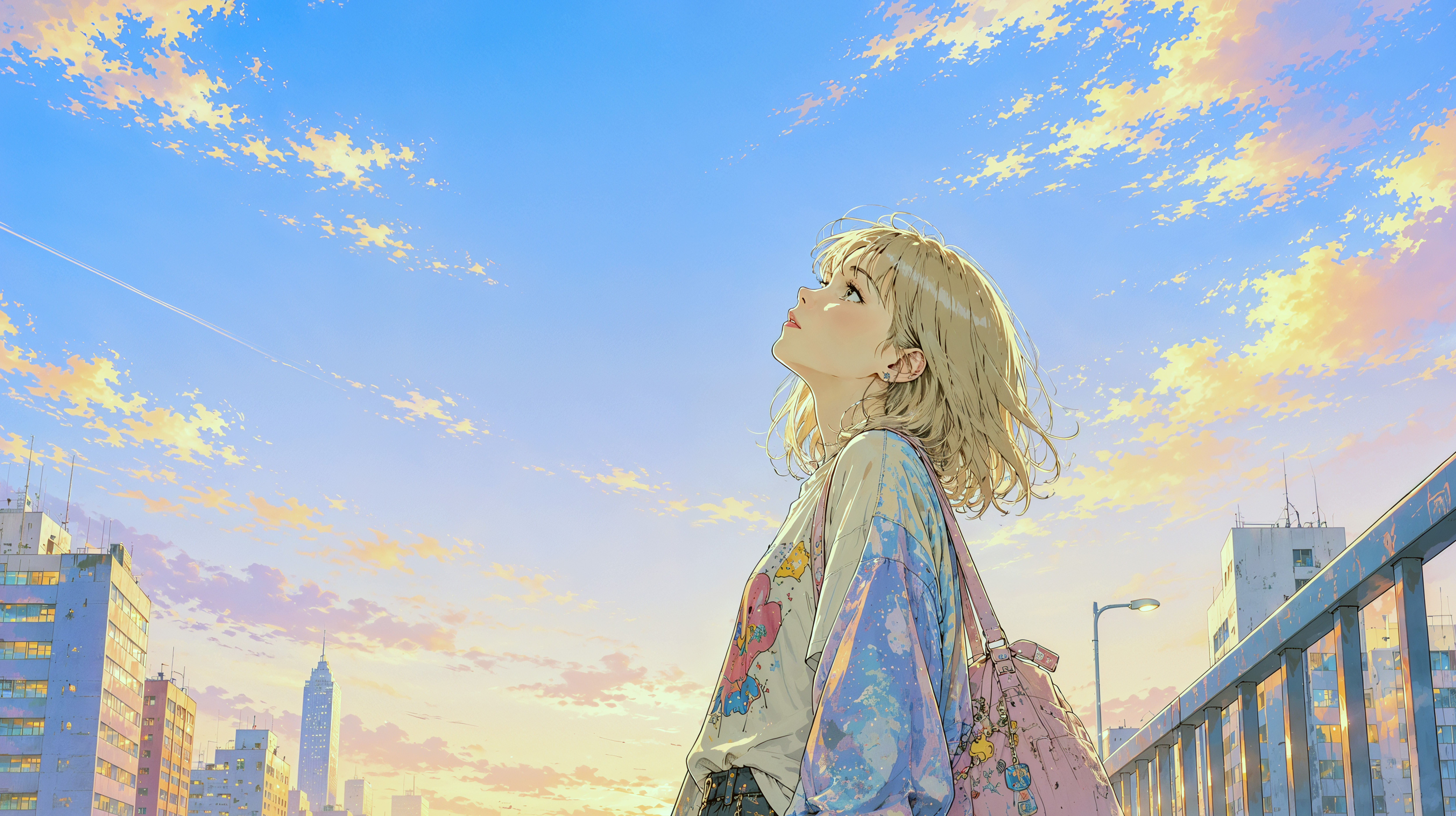夕日に染まる都会の空を見上げる若い女性のポートレート no.5