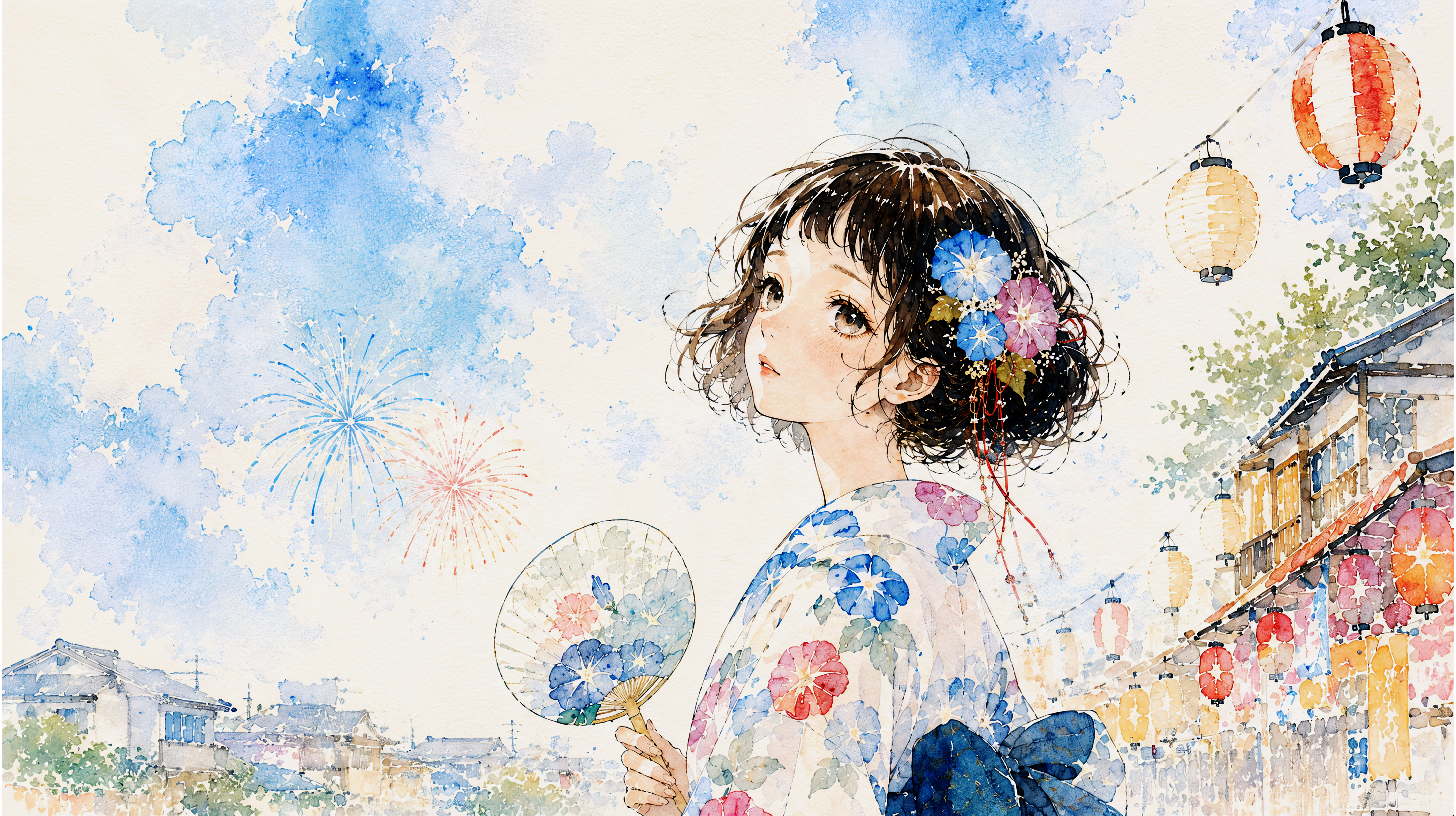 夏祭りで振り返る浴衣の女性の水彩ポートレート no.1