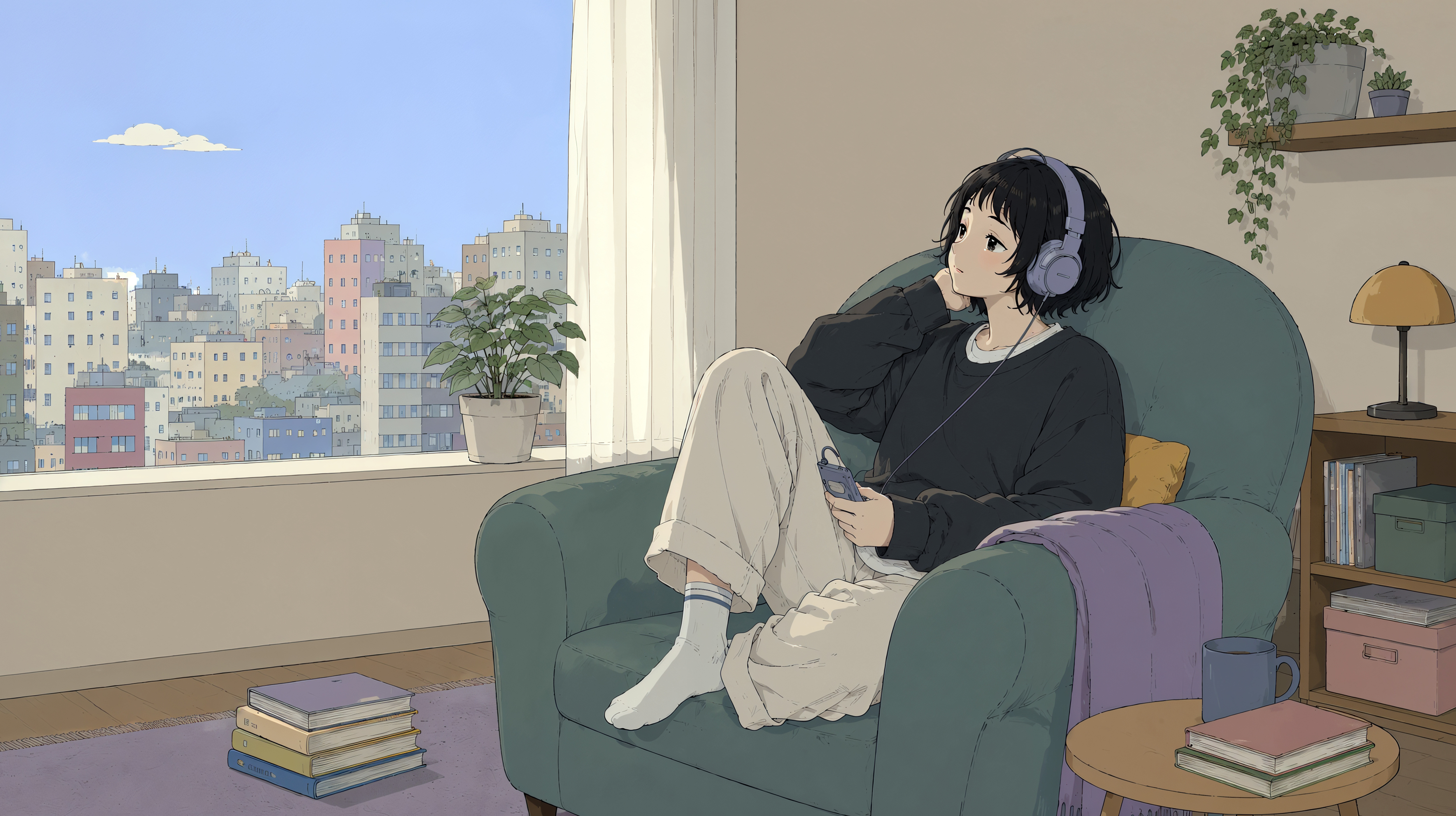 ソファーに座りヘッドホンで音楽を聴きながら窓の外を見る女性 no.1