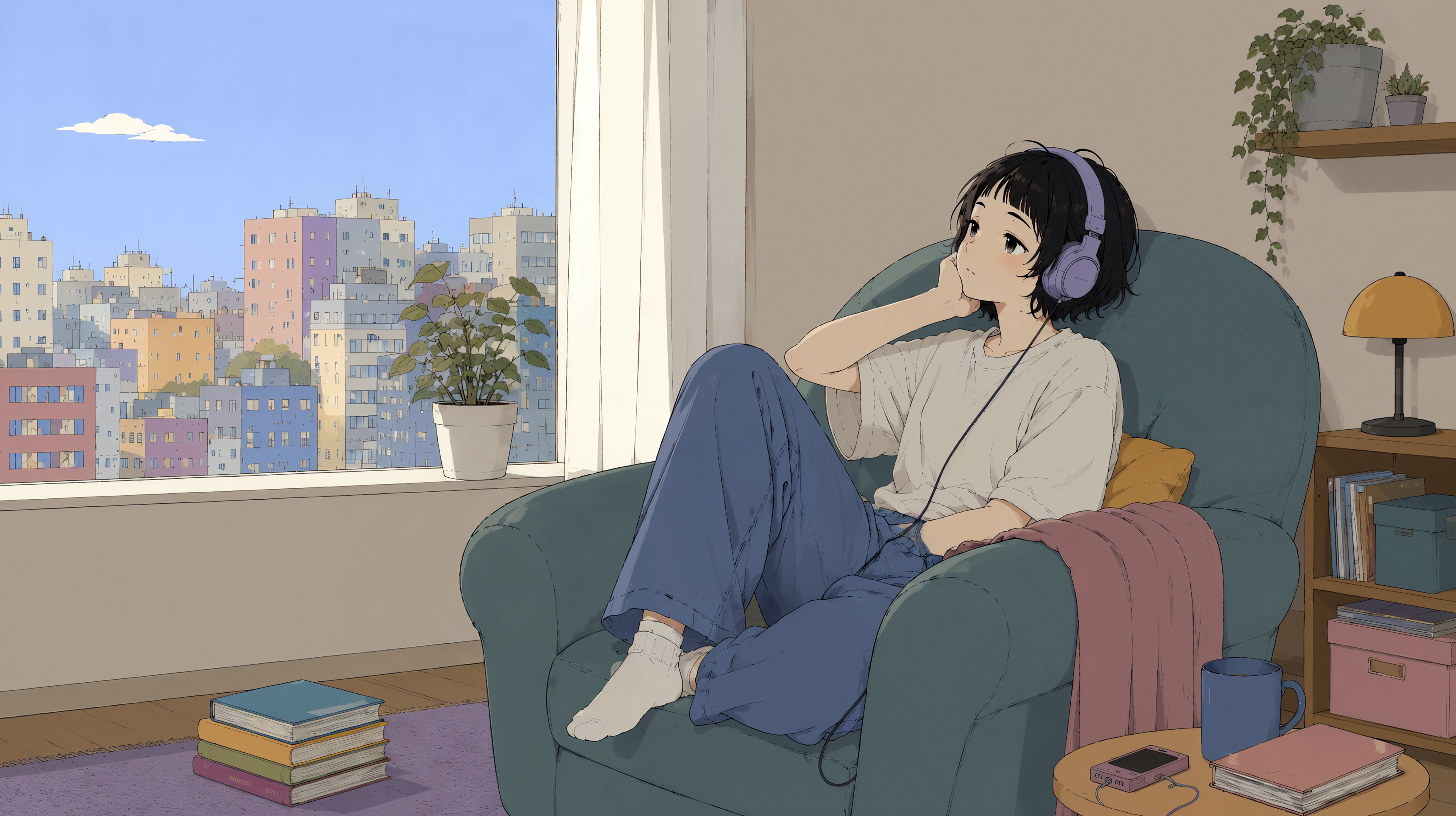 ソファーに座りヘッドホンで音楽を聴きながら窓の外を見る女性 no.3