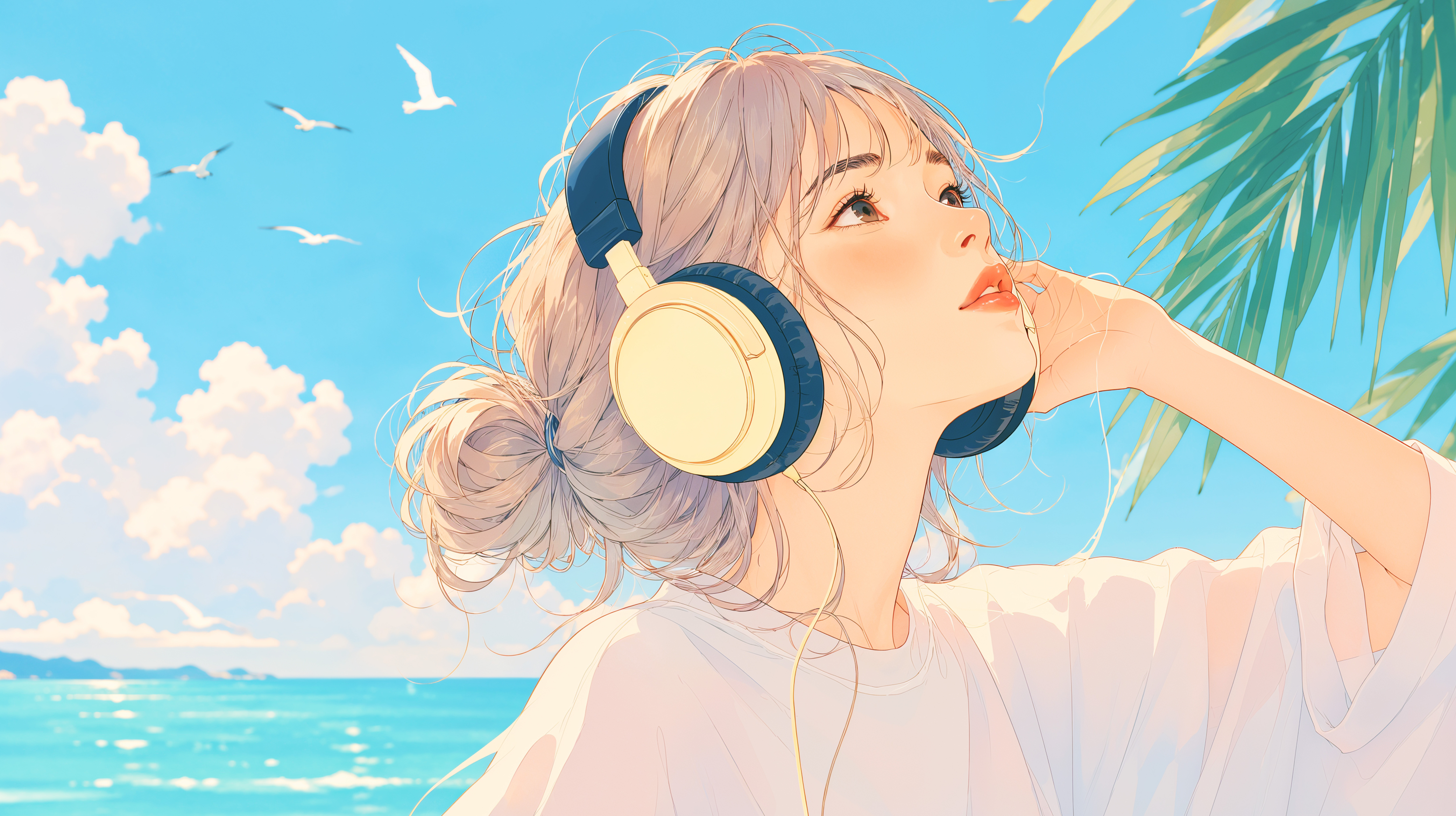 海を眺めながらヘッドホンで音楽を聴く女性のイラスト no.2