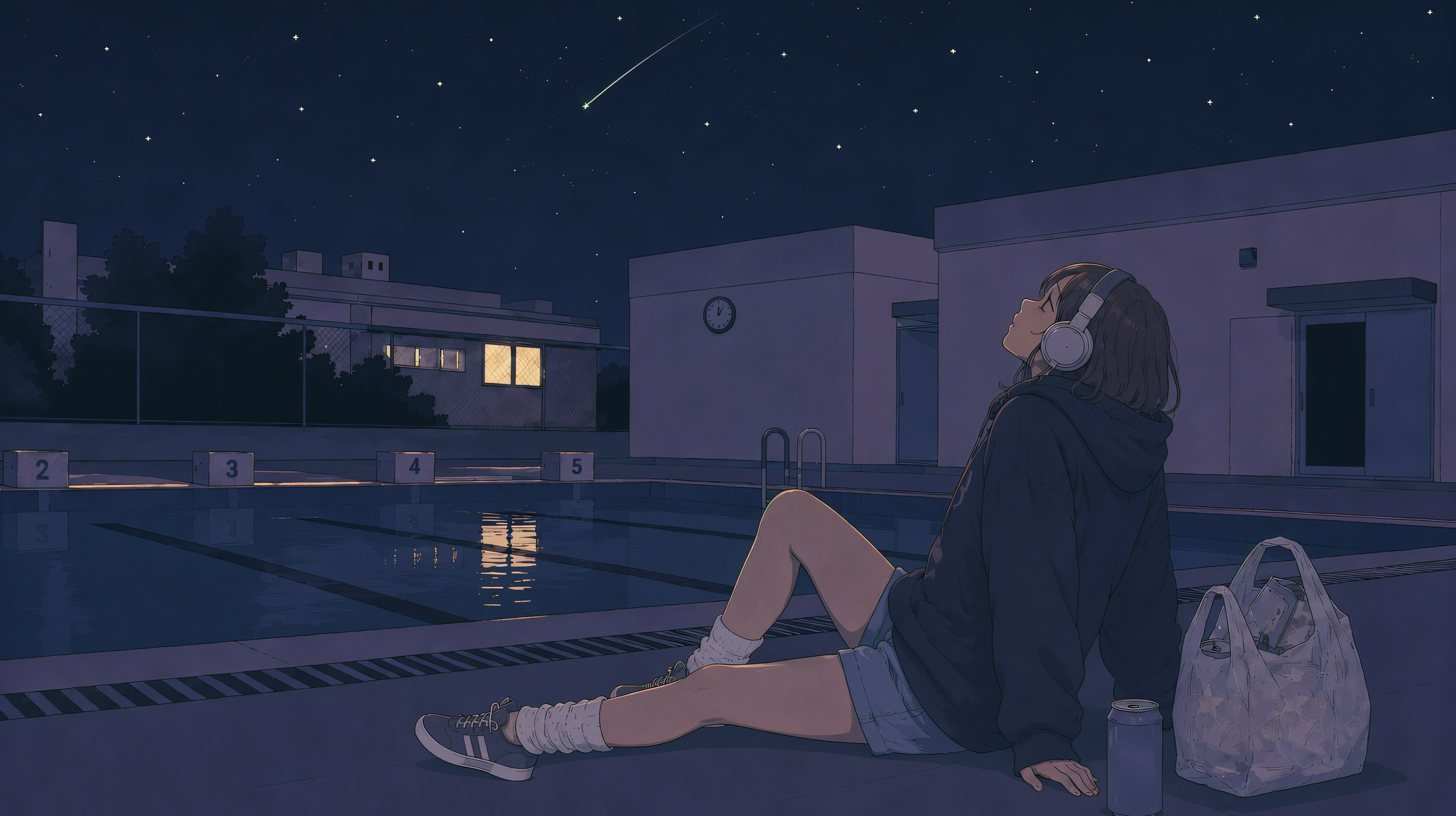 夜のプールサイドでヘッドホンをして座り星を見上げる女性のイラスト no.2