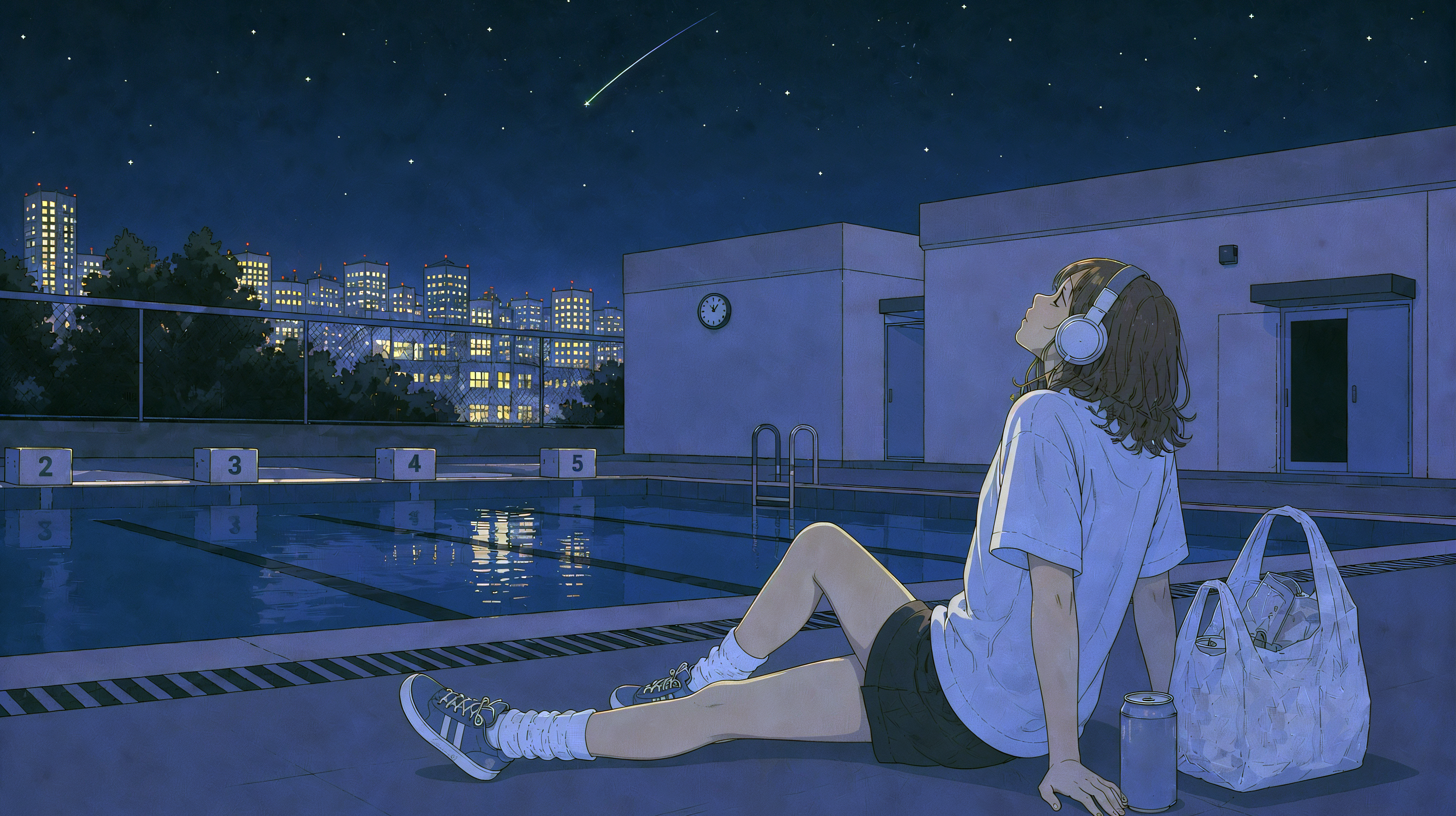 夜のプールサイドでヘッドホンをして座り星を見上げる女性のイラスト no.3