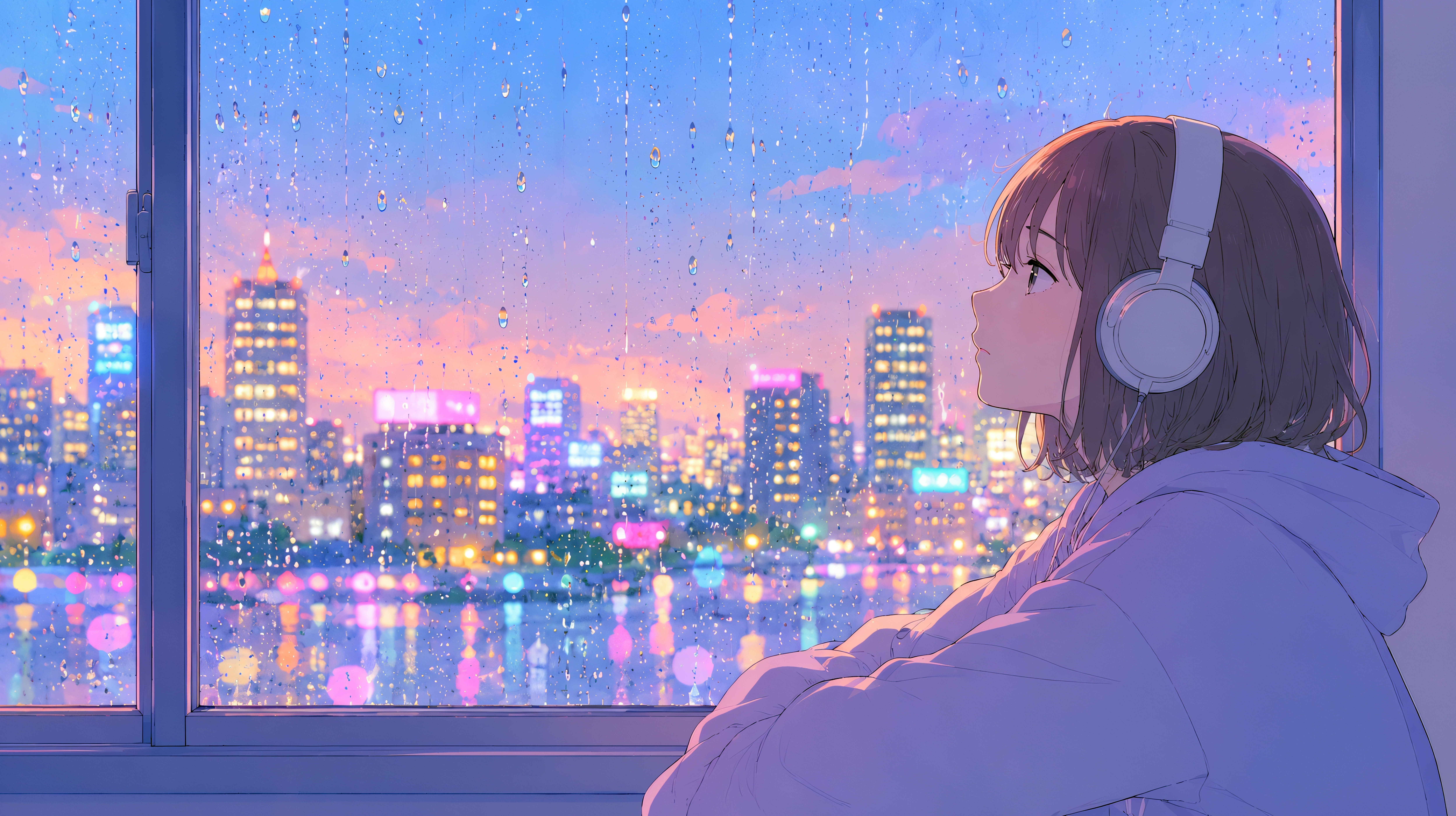 ヘッドホンで音楽を聴きながら雨の降る都会の夜景を眺める女性のイラスト no.1