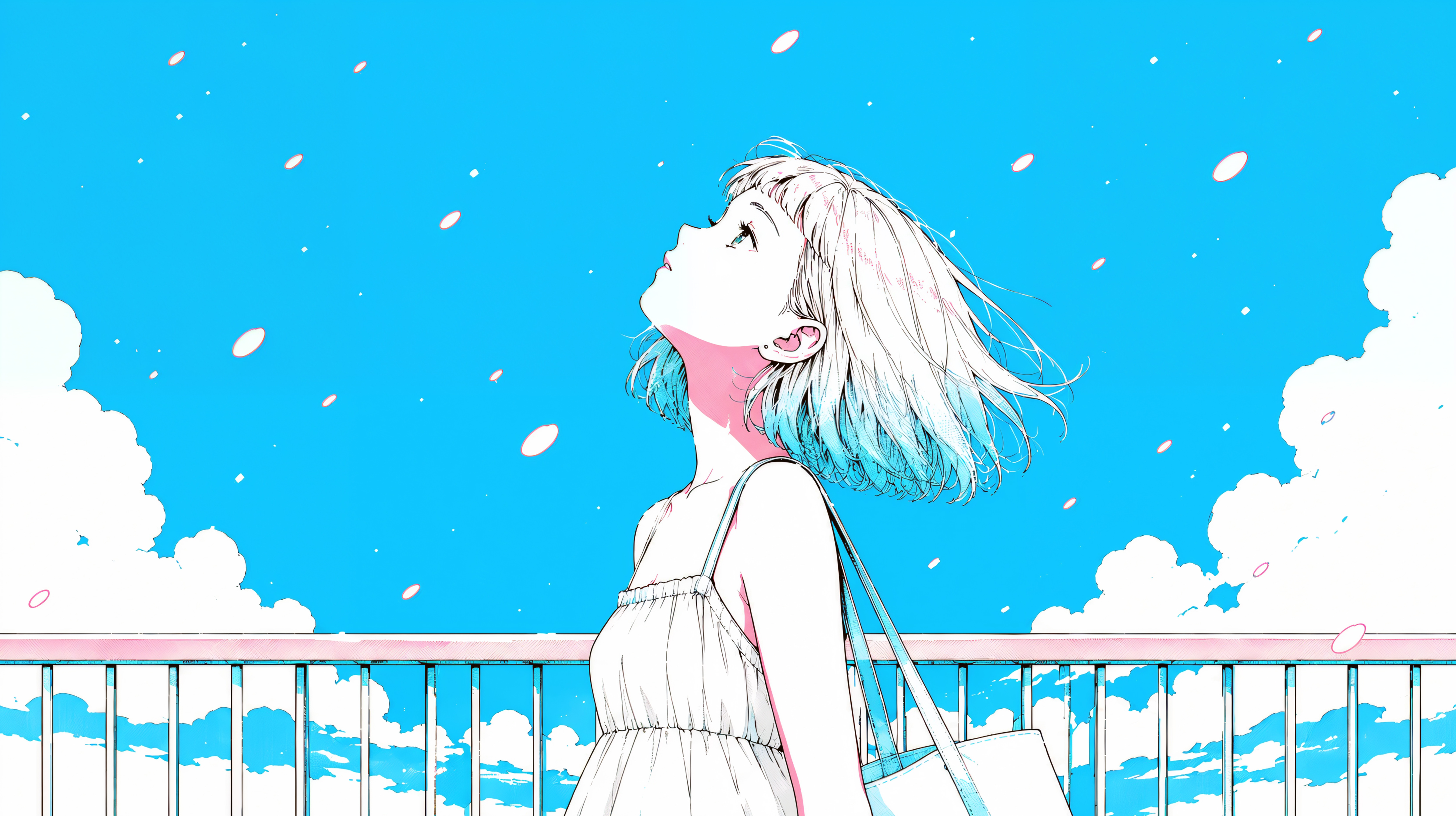桜舞う空を見上げる若い女性のポートレートイラスト no.1