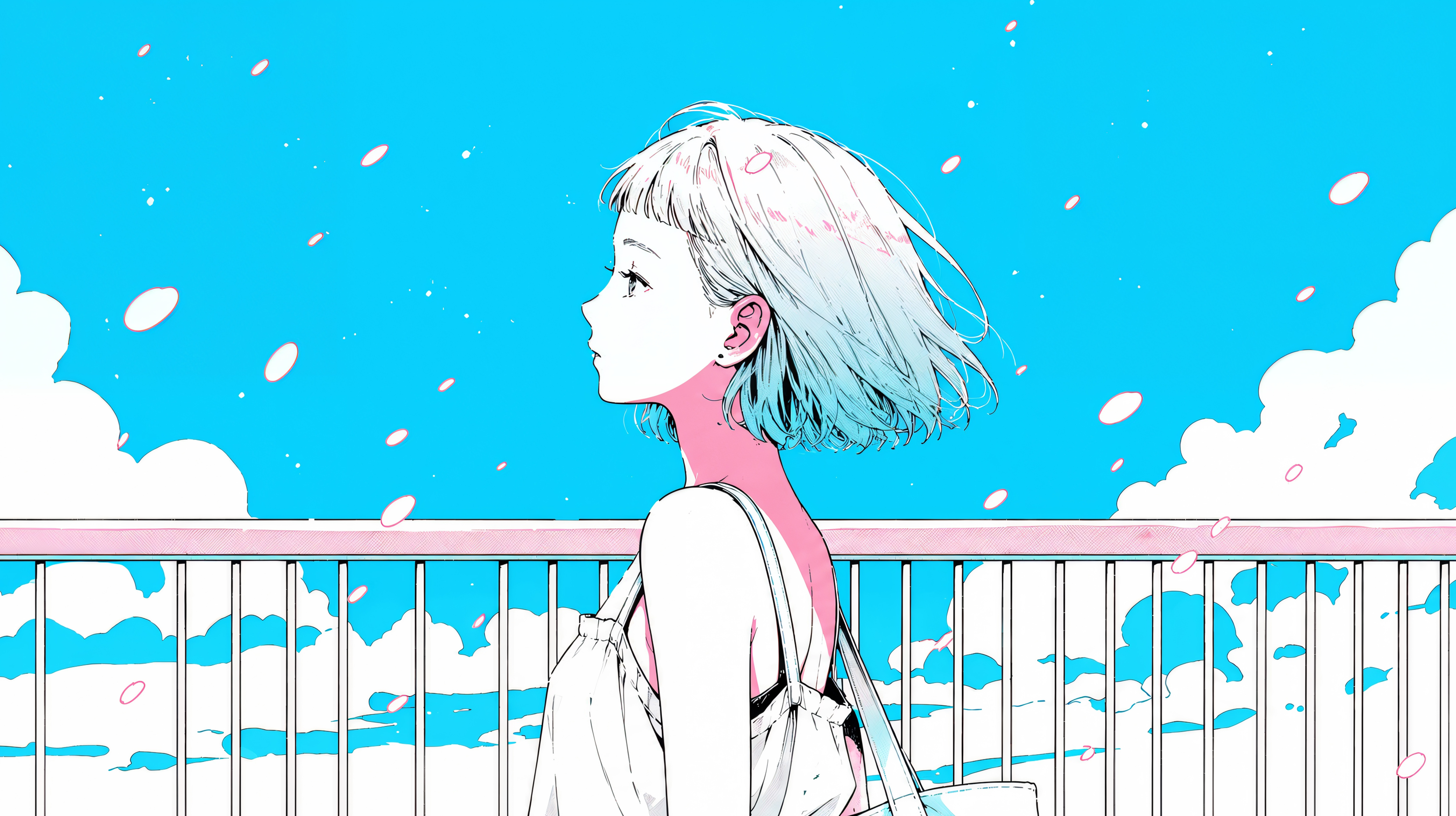 桜舞う空を見上げる若い女性のポートレートイラスト no.2