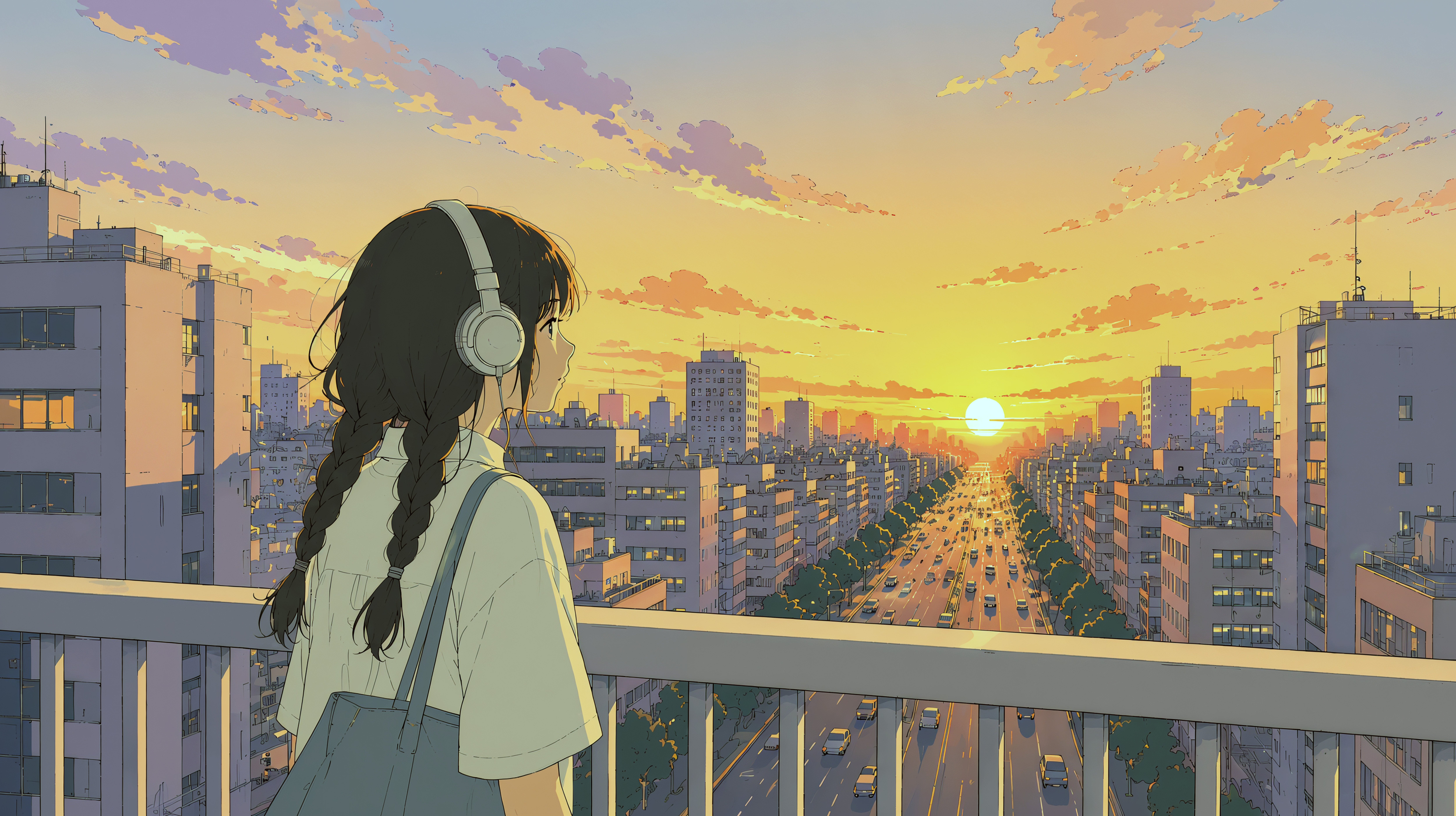 都会の歩道橋から夕日を眺めるヘッドホンをした女性 no.1