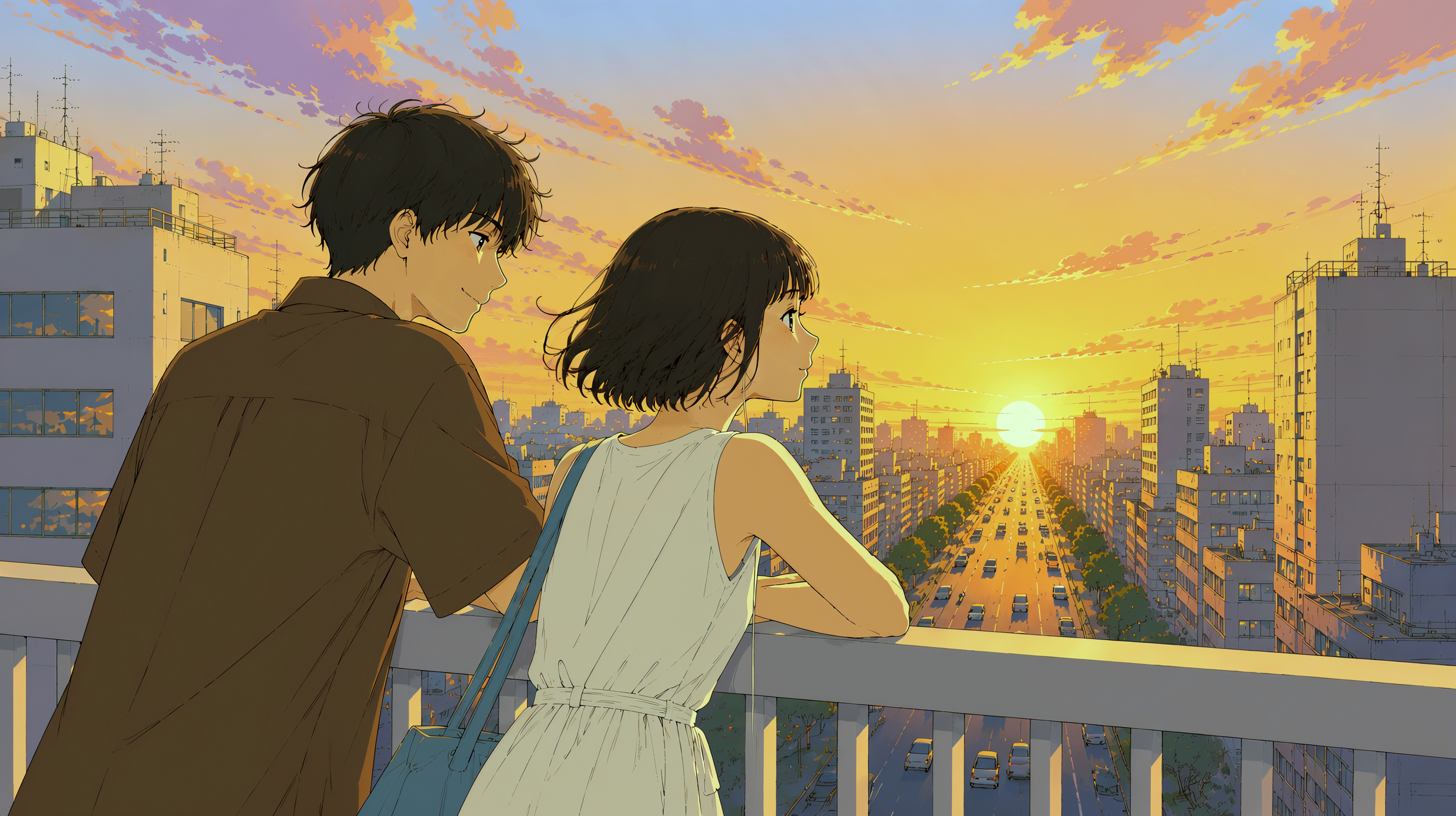 都会の歩道橋から夕日を眺めるヘッドホンをした男女