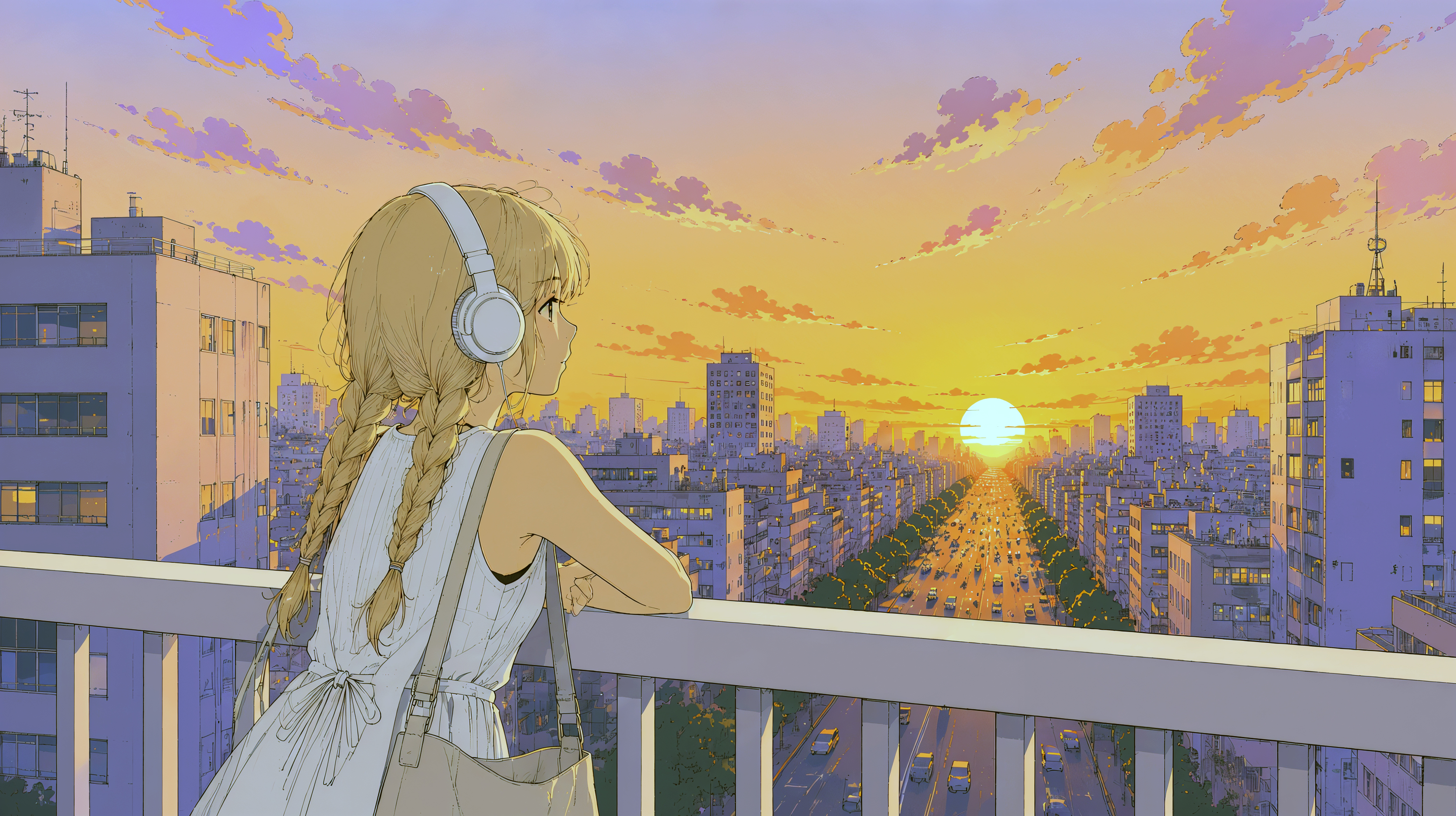 都会の歩道橋から夕日を眺めるヘッドホンをした女性 no.2