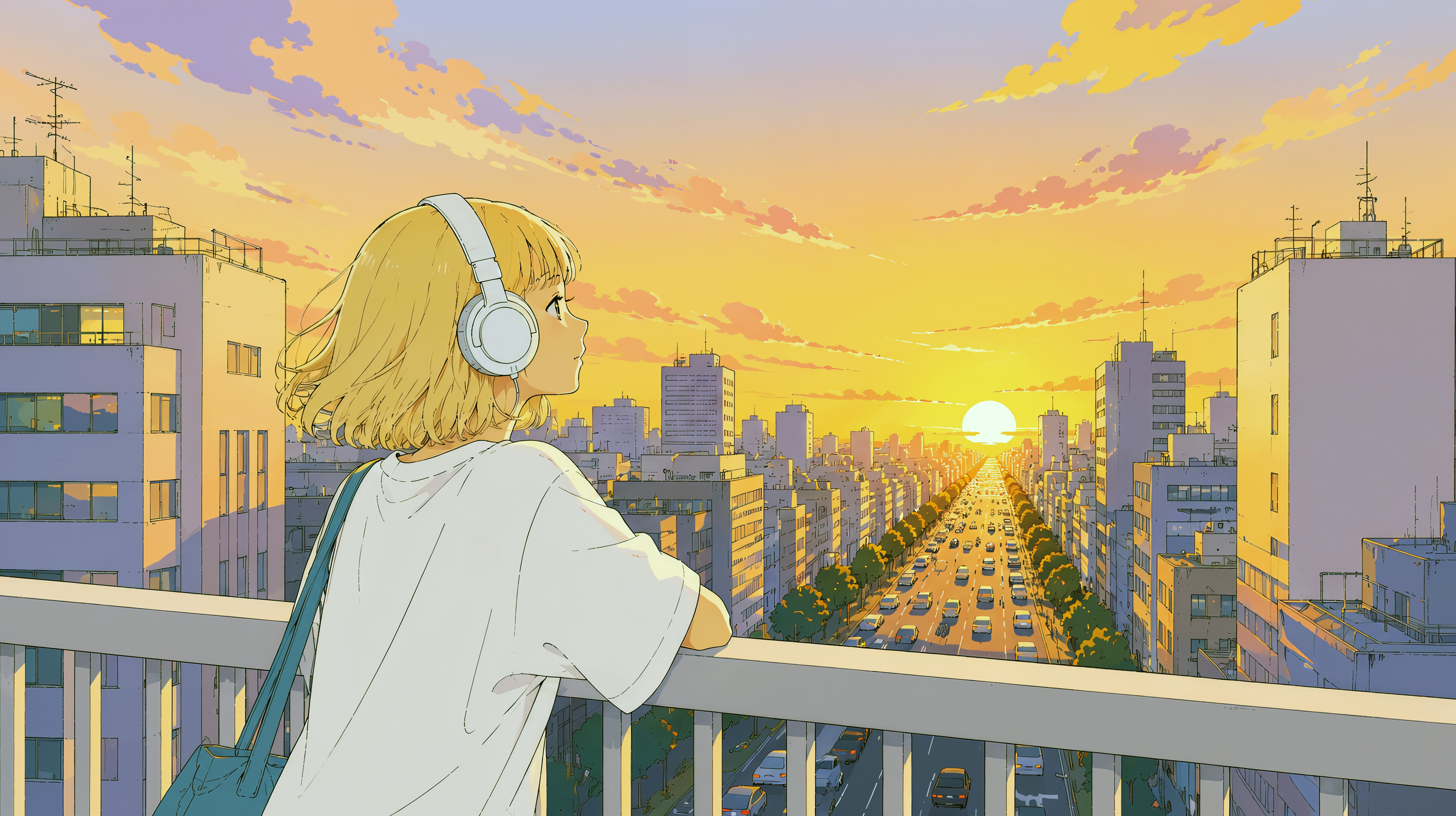 都会の歩道橋から夕日を眺めるヘッドホンをした女性 no.3