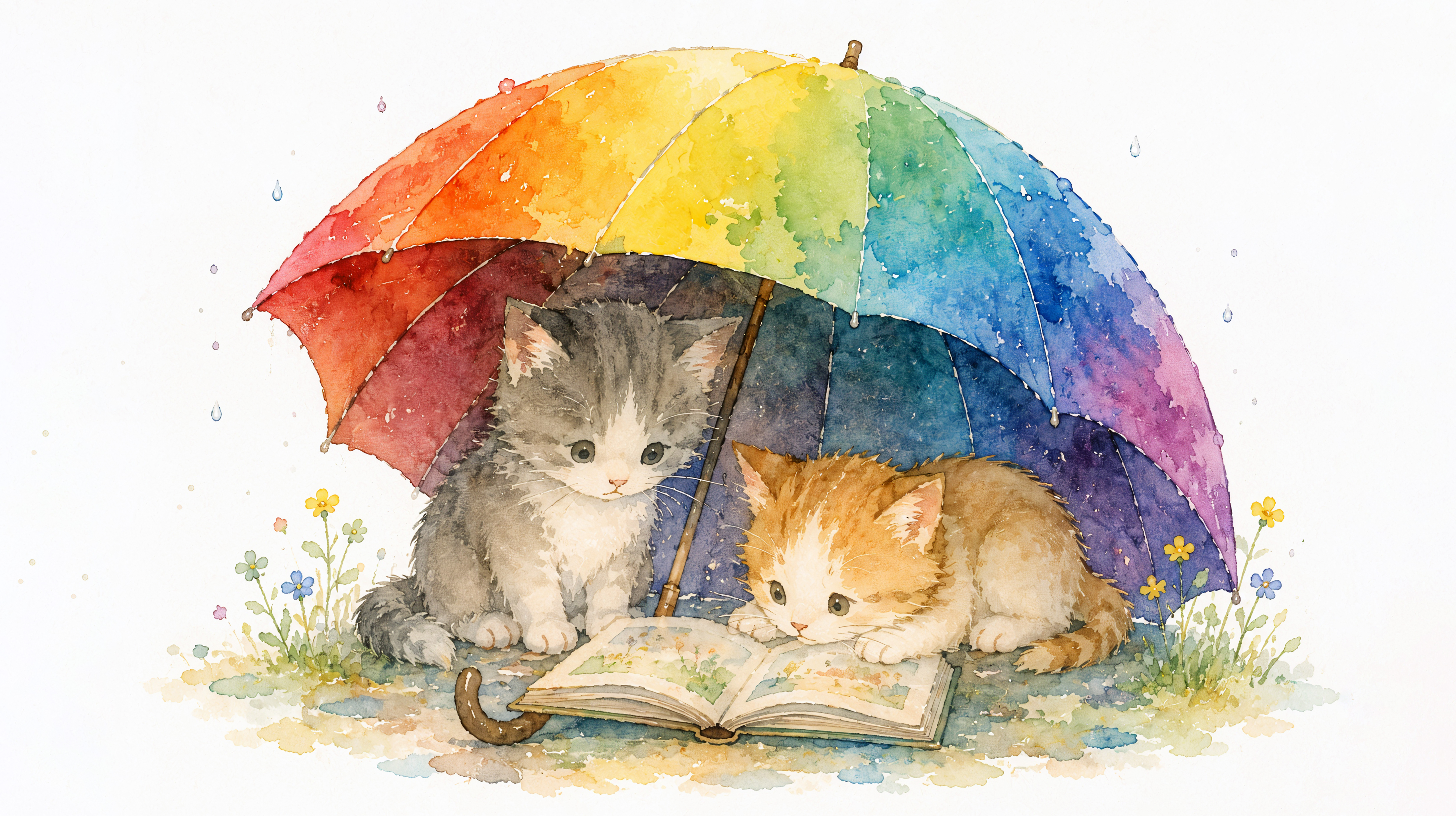 虹色の傘のしたで本を読む子猫たち no.1