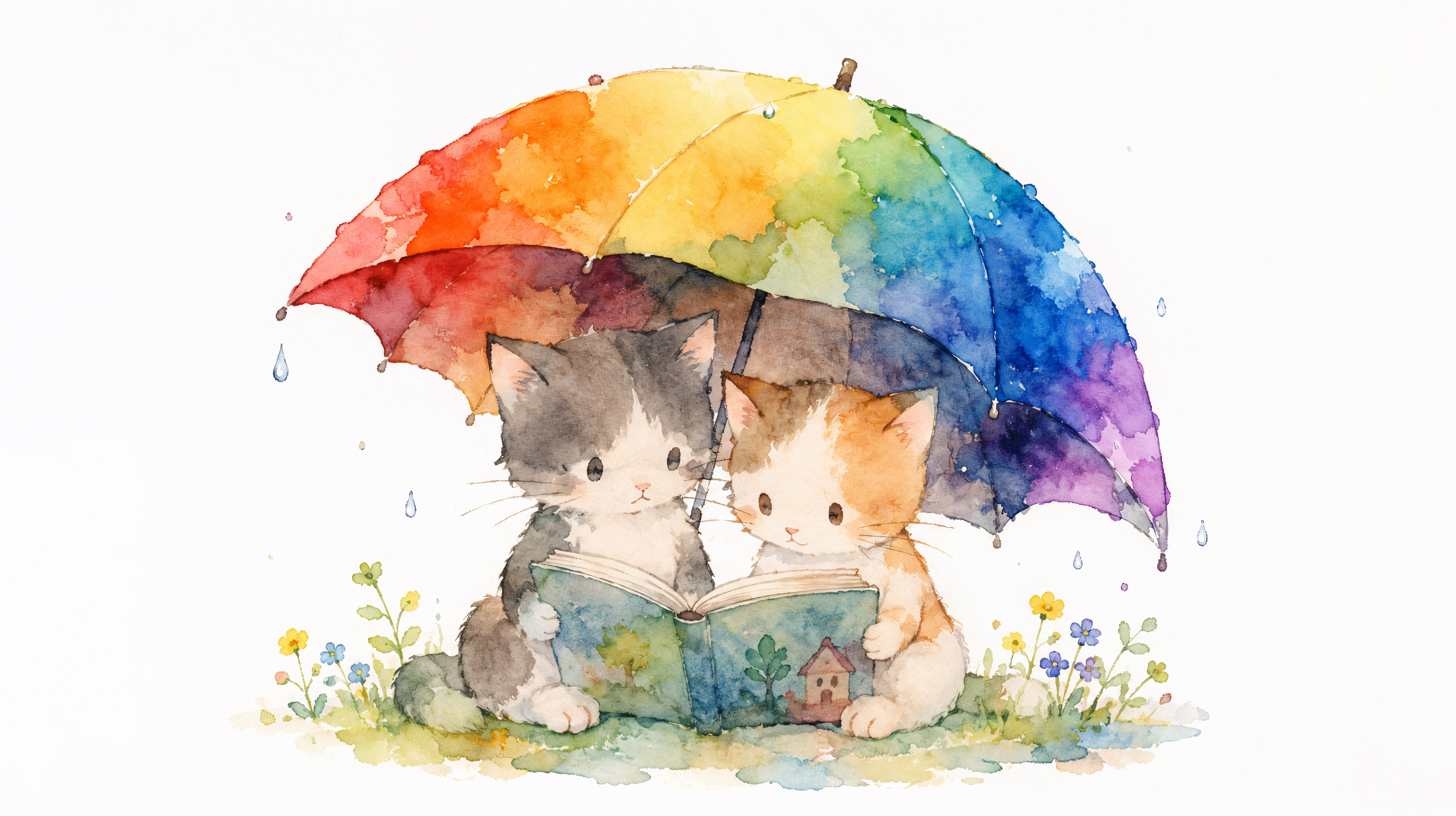 虹色の傘のしたで本を読む子猫たち no.2