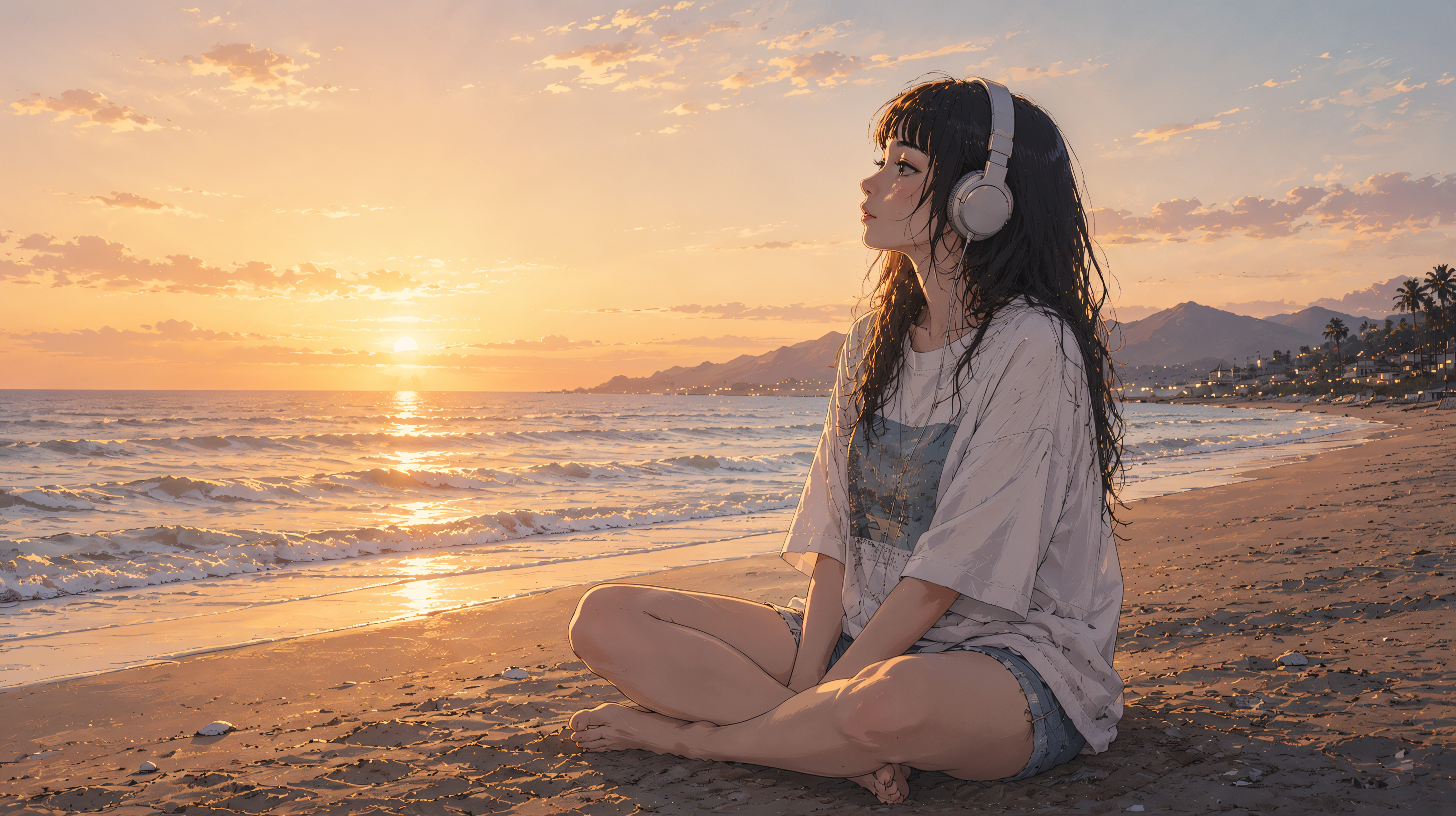 夕日の見える砂浜でオレンジの海を眺めるヘッドホンの女性 no.2